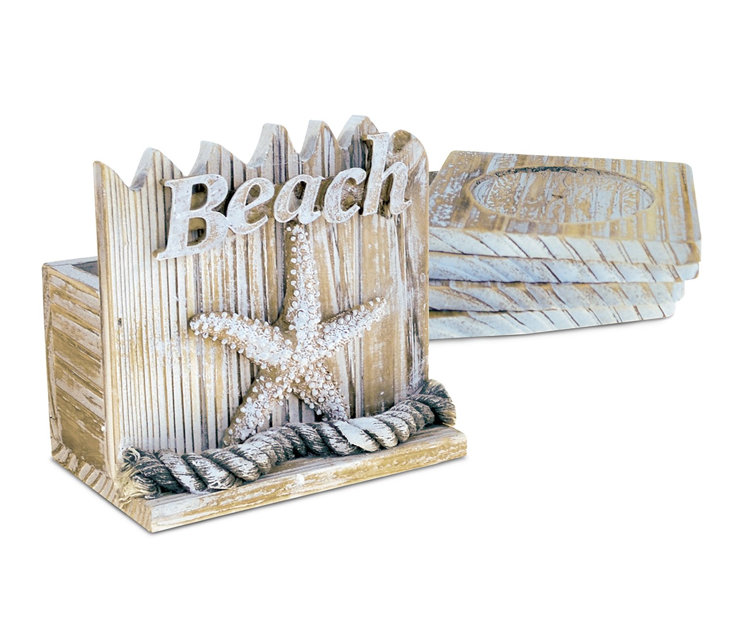 Cota Global Baja Beach Starfish Nautical Wooden Coaster Set - Rustic Square Coaster Set With Holder, Cute Beach Theme Drink Coas