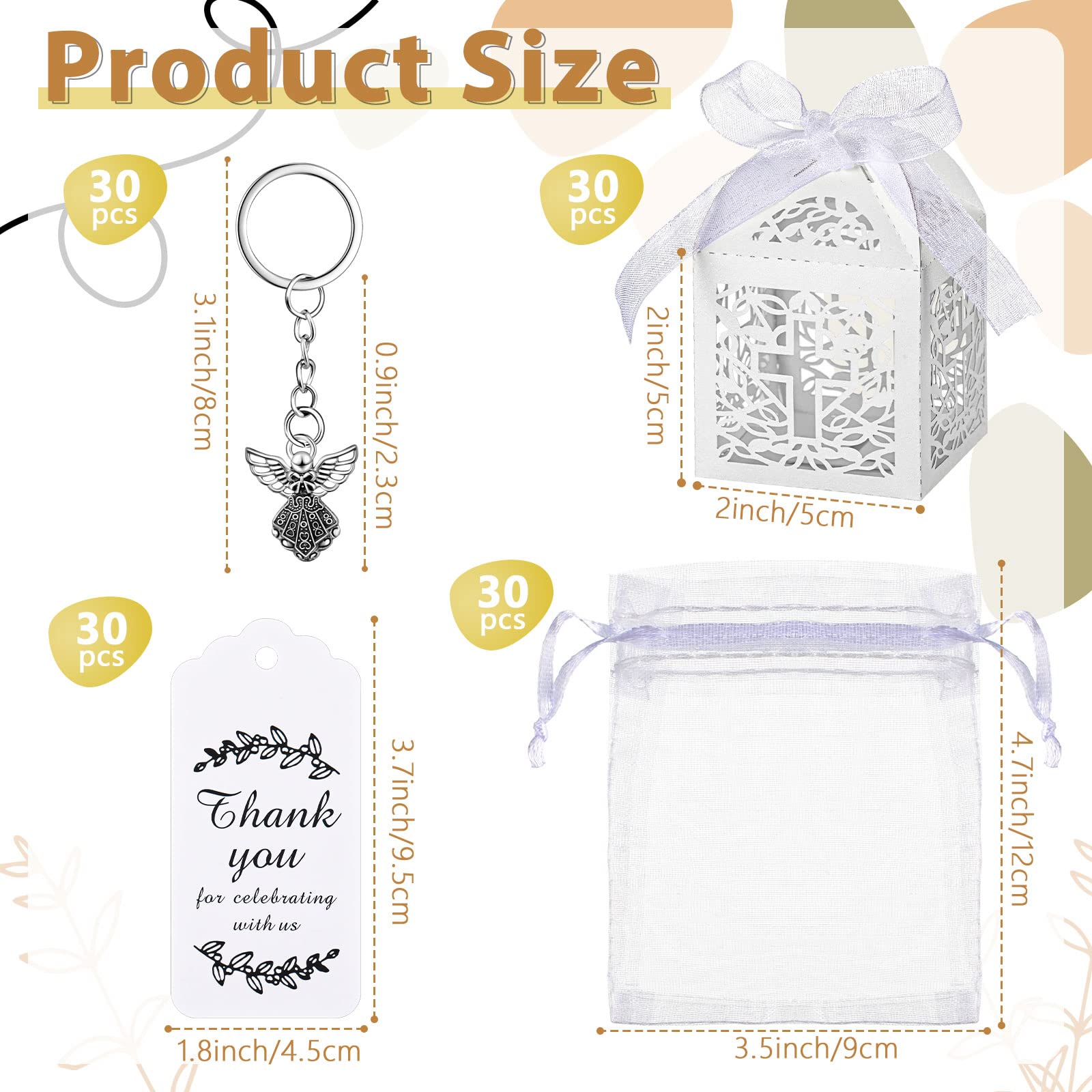 Bonuci 120 Pieces Baptism Party Favors Angel Keychain Pendant First Communion Party Boxes White Organza Bags With Drawstring Tha