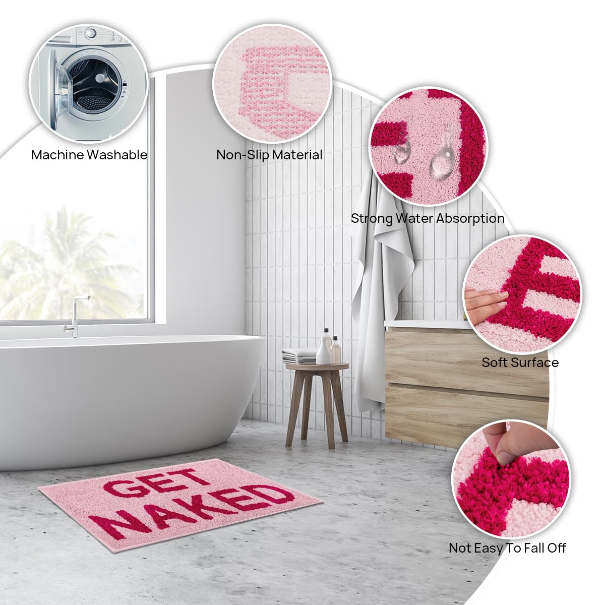 Qubomax Get Naked Bath Mat - Non-Slip, Super Absorbent, Funny Bathroom Rug, Machine-Washable, Cotton & Microfiber, 32''X20'' (Pi