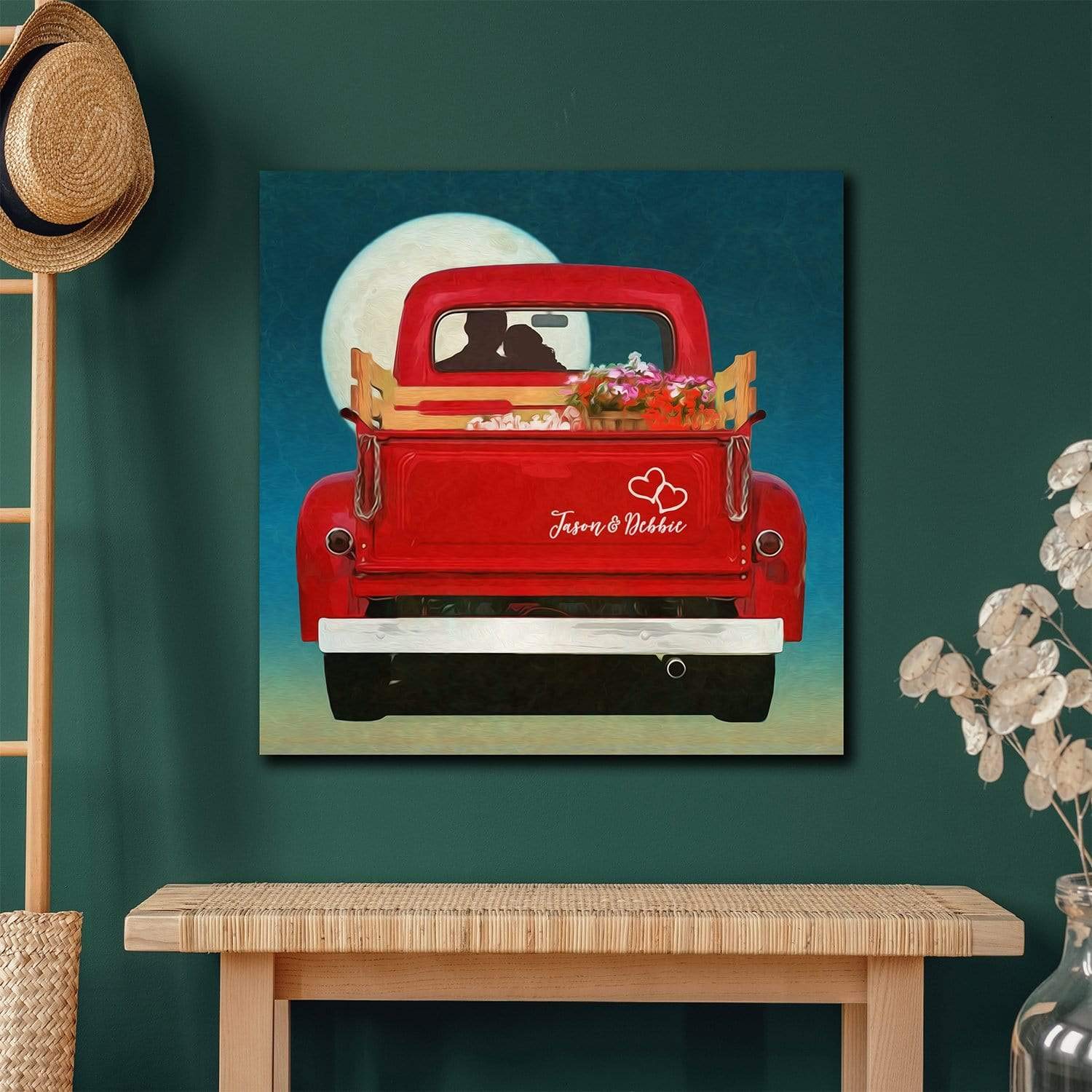 Sharing The Moon - Personalized Romantic Red Truck Decor Art (33''X33'' Gallery Wrapped Canvas)