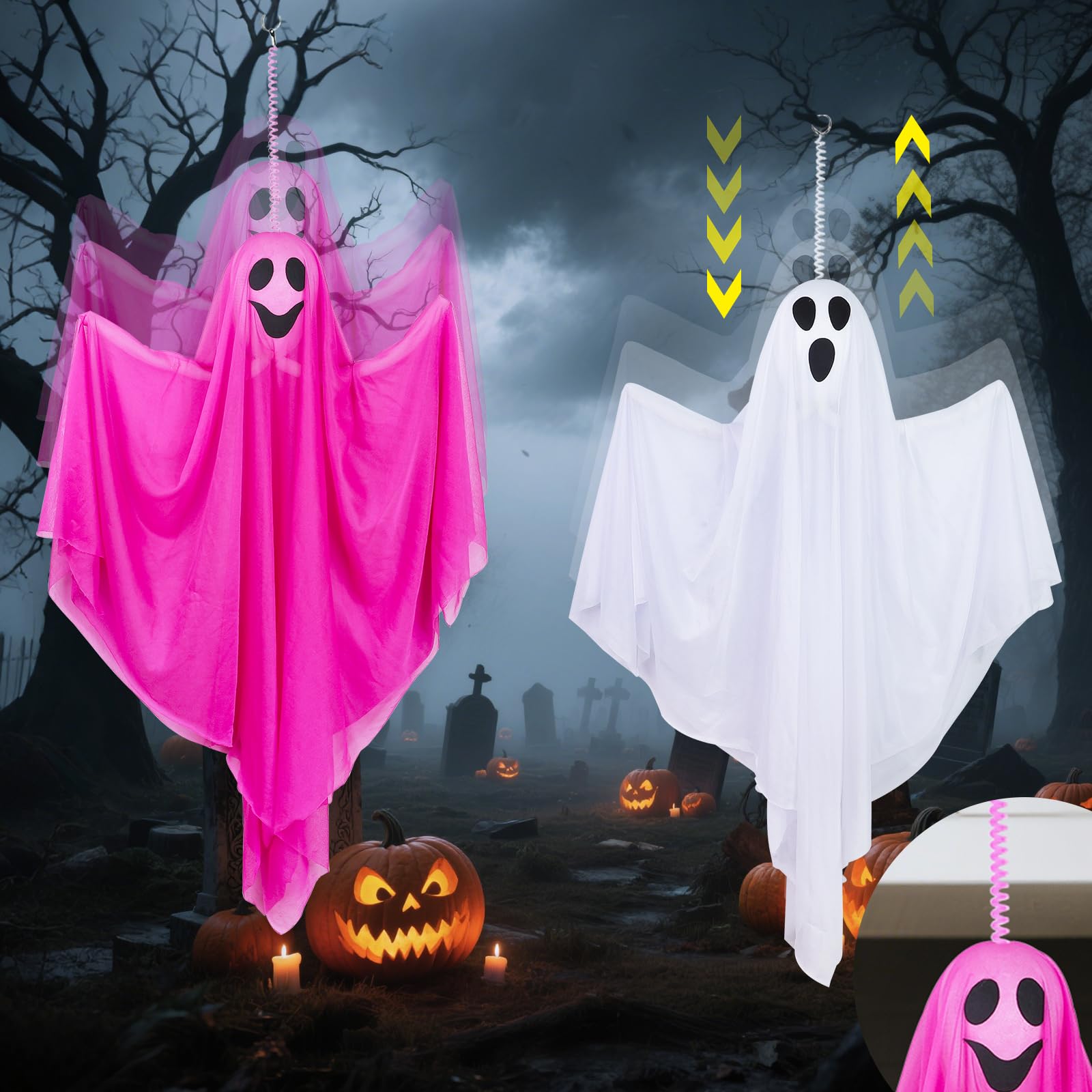 [ Sound Activated ] Light up Halloween Animatronics Hanging Ghost Decorations with Creepy Sound & Shake Hands, Lighted Flying Gh