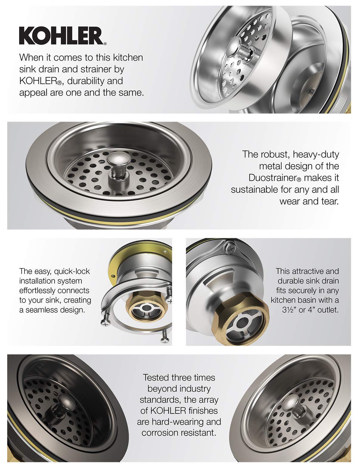 Kohler K-8801-2Mb Duostrainer Sink Strainer, Sink Drain And Strainer With Tailpiece, Vibrant Brushed Moderne Brass
