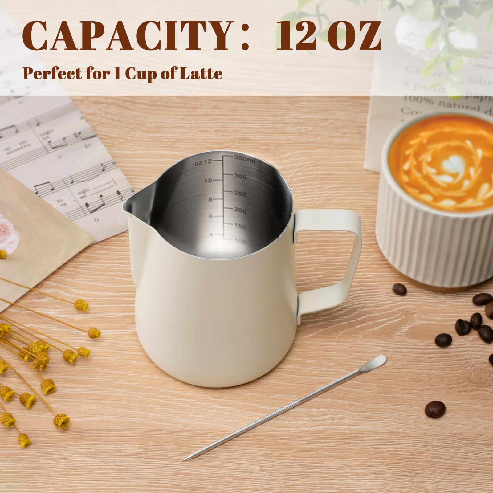 Amrules Milk Frothing Pitcher, 12Oz Milk Frother Cup With Clear Scale, 304 Stainless Steel Cappuccino Espresso Machine Accessori