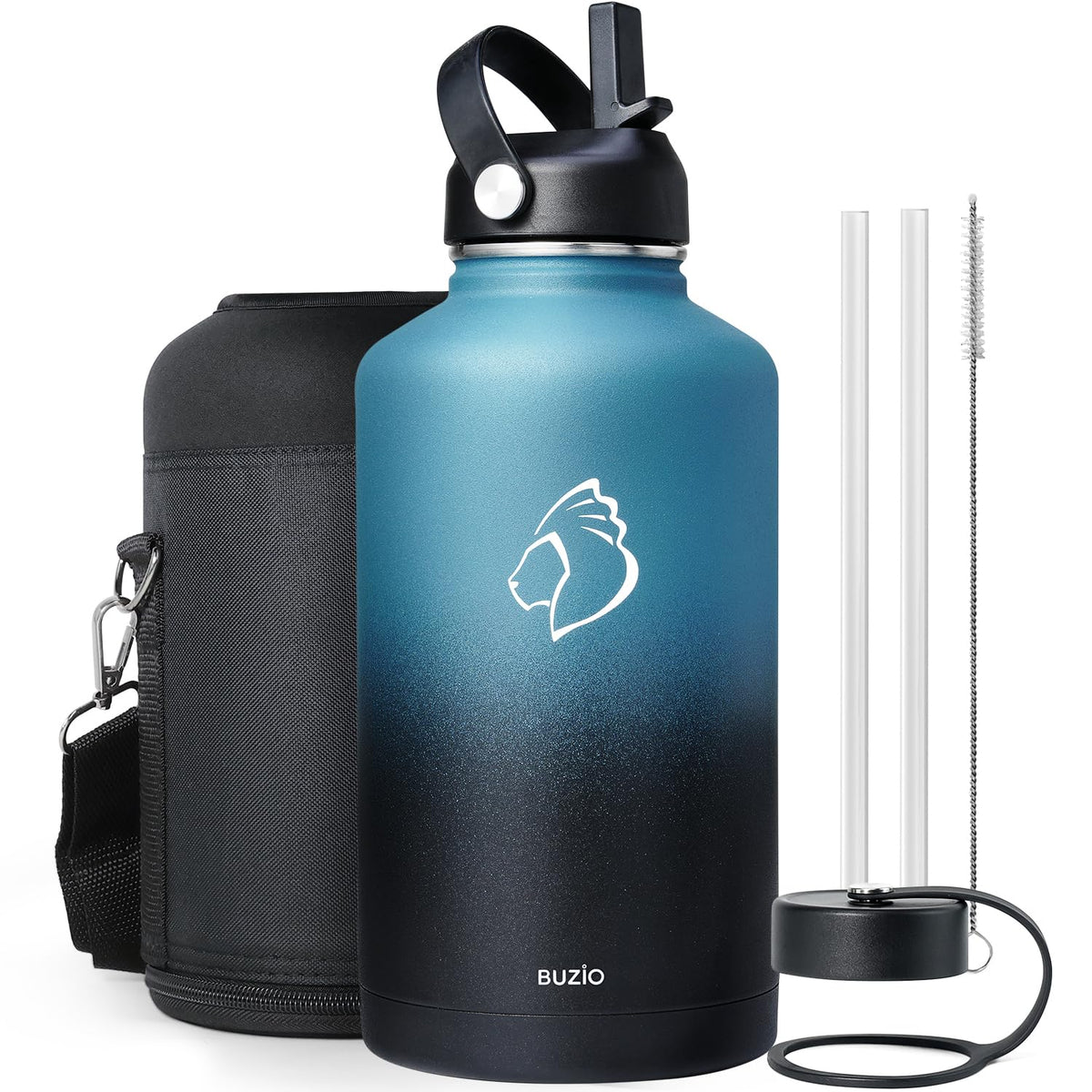 Buzio Insulated Water Bottle With Straw Lid And Flex Cap, 64Oz Double Wall Vacuum Stainless Steel Water Thermo Wide Mouth Lid, C