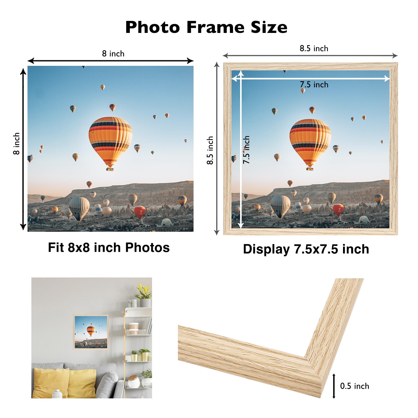 JCJMY 8x8 Picture Frame for Wall Hanging or Tabletop, Wall Mounting Horizontally or Vertically, 8 x 8 Square Wall Gallery Poster