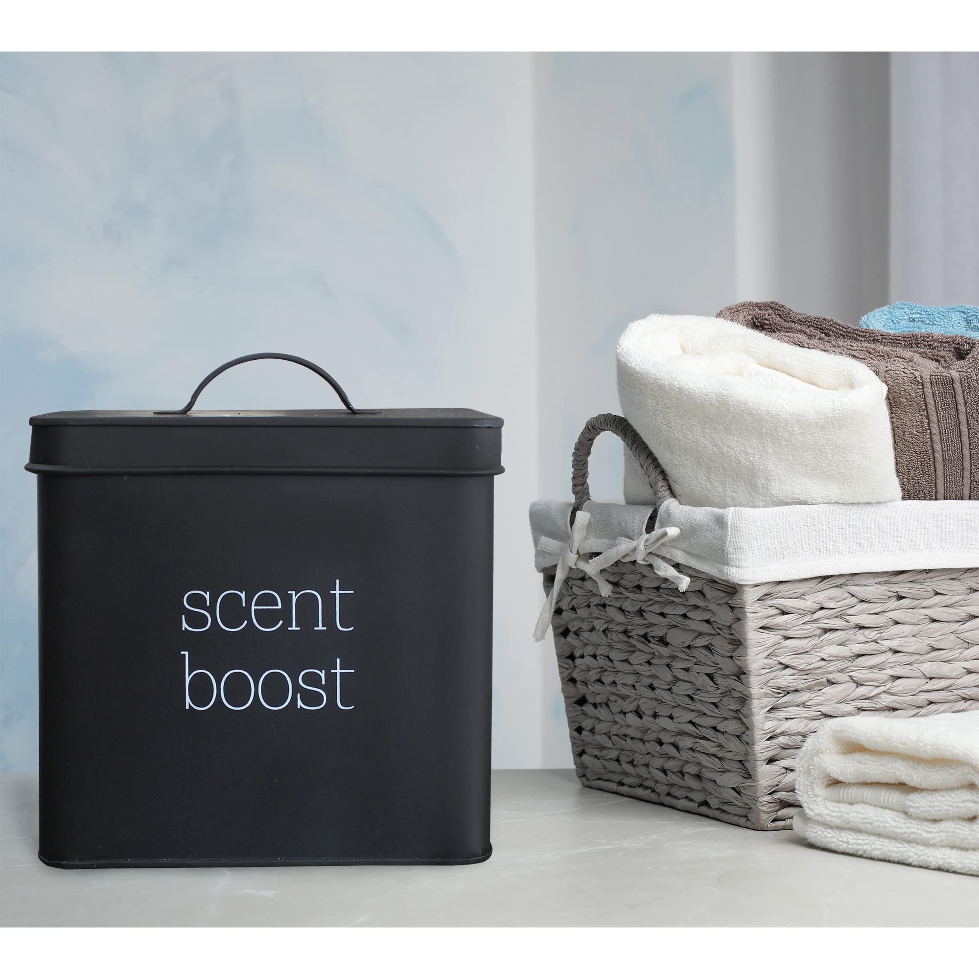 Auldhome Laundry Scent Booster Storage Container (Black), Enamelware Canister Dispenser For Clothing Fragrance Beads