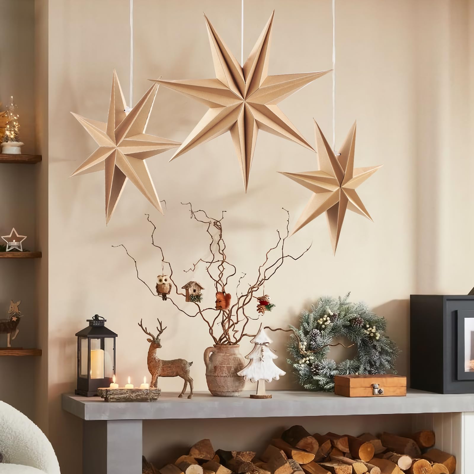 3Pcs 12Inch 7-Pointed Natural Paper Star Landerns Hanging Decoration Set Festive Holiday Decor Stars Shape Landerne For Christma
