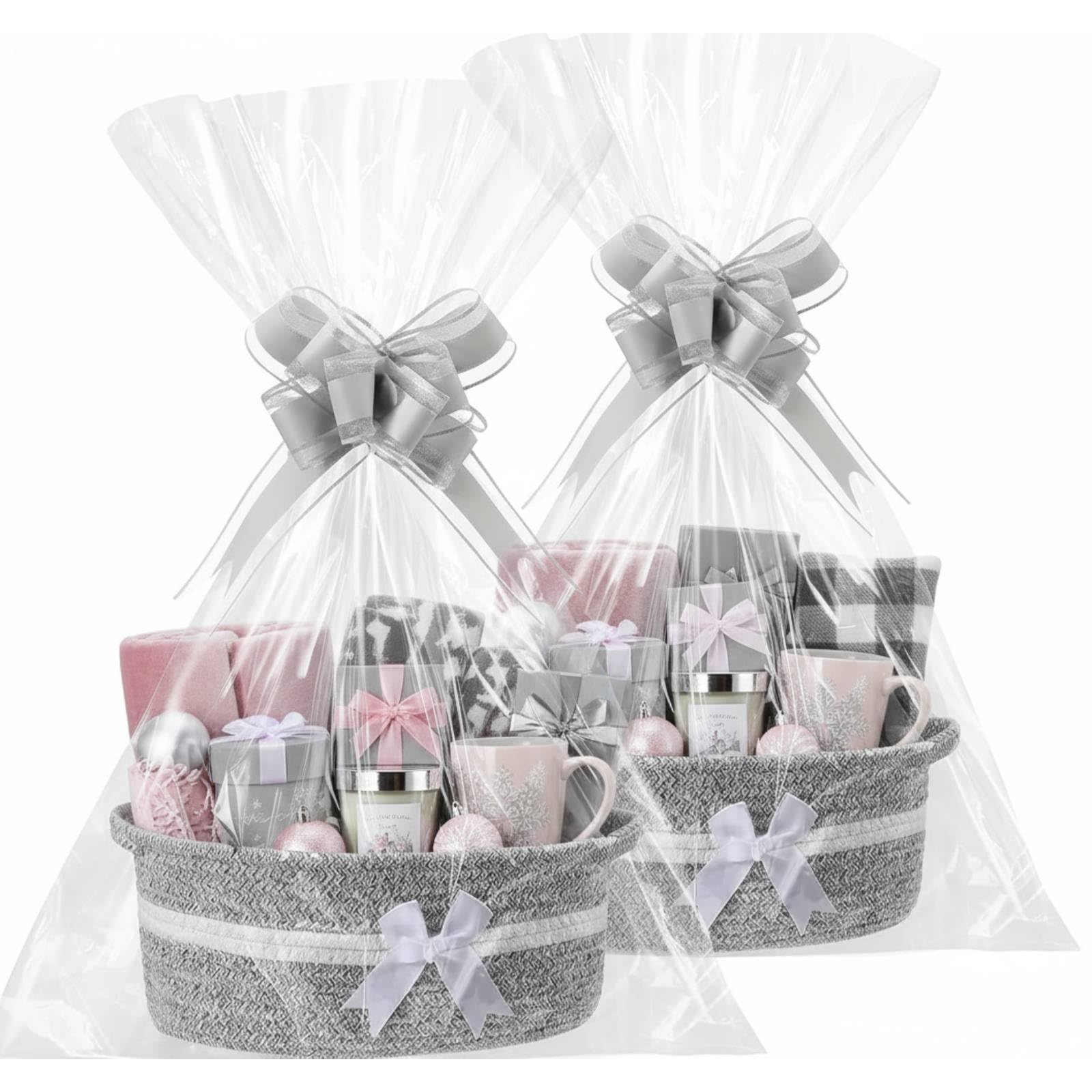 Colingmill 2 Pack Christmas Woven Gift Basket Empty with Ribbon Bow, 12x 8x 5 Christmas Chest Box with Gift Bags Candy Bas