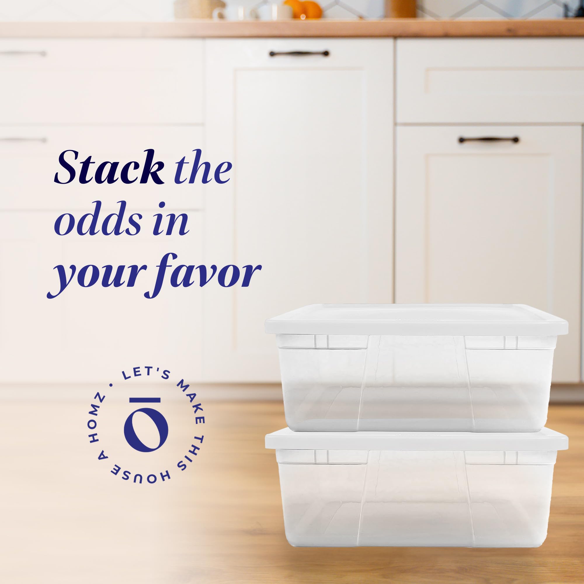 Homz 2 Pack Storage Bins, Clear Plastic Organizing Containers W/White Lids, 28 Quart