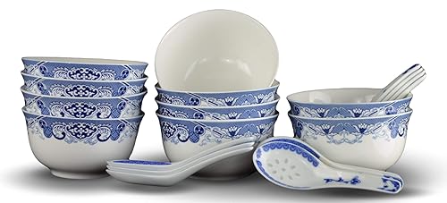 10 Pcs Fine Bone China Blue And White Chinese Soup Bowls Ceramic Porcelain Bowl, With Free 10 Porcelain Spoons Rice Bowl