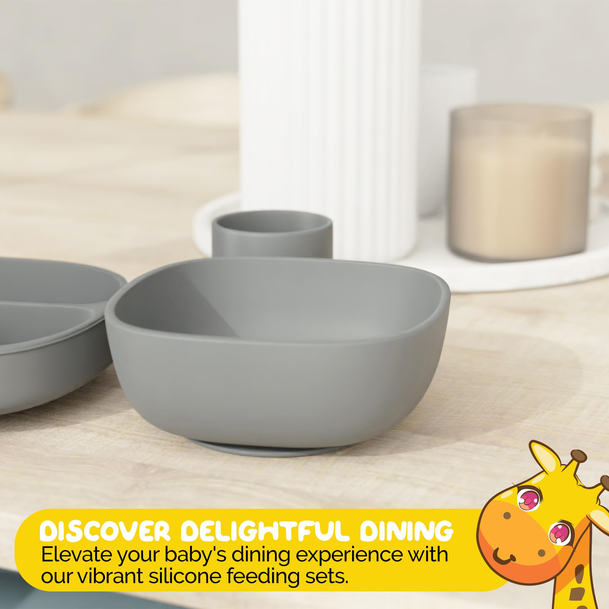 Muqee Peeko Baby Feeding Set, 6 Piece - Pebble Gray - Includes Suction Bowl, Plate, Silicone Bib, Spoon, Fork for Toddlers & Kid