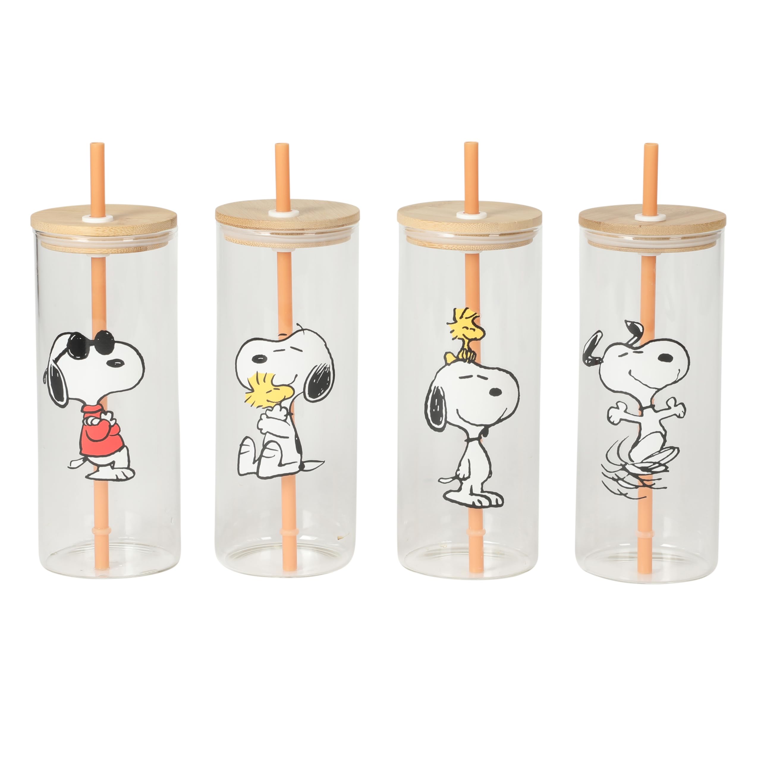 Peanuts Snoopy Happy Sips 4 Piece 23 OZ Tumbler Set with 4 Bamboo Lids and 4 Straws Set, Iced Coffee, Smoothie, Water Cup  Dish