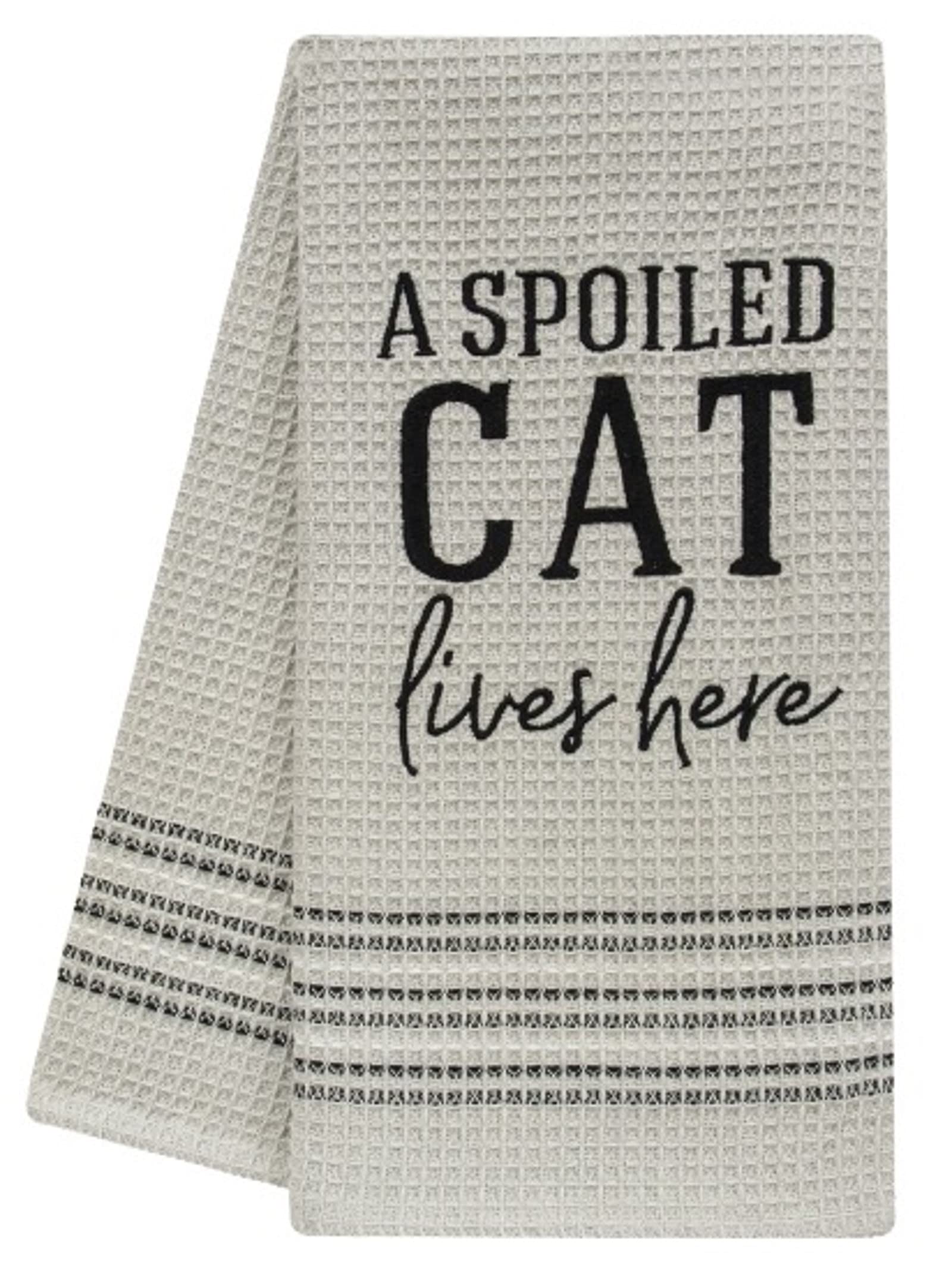 Col House Designs 29421 Tan Cotton Waffle Weave Dish Towel, Spoiled Cat Lives Here, 28 X 20 Inches