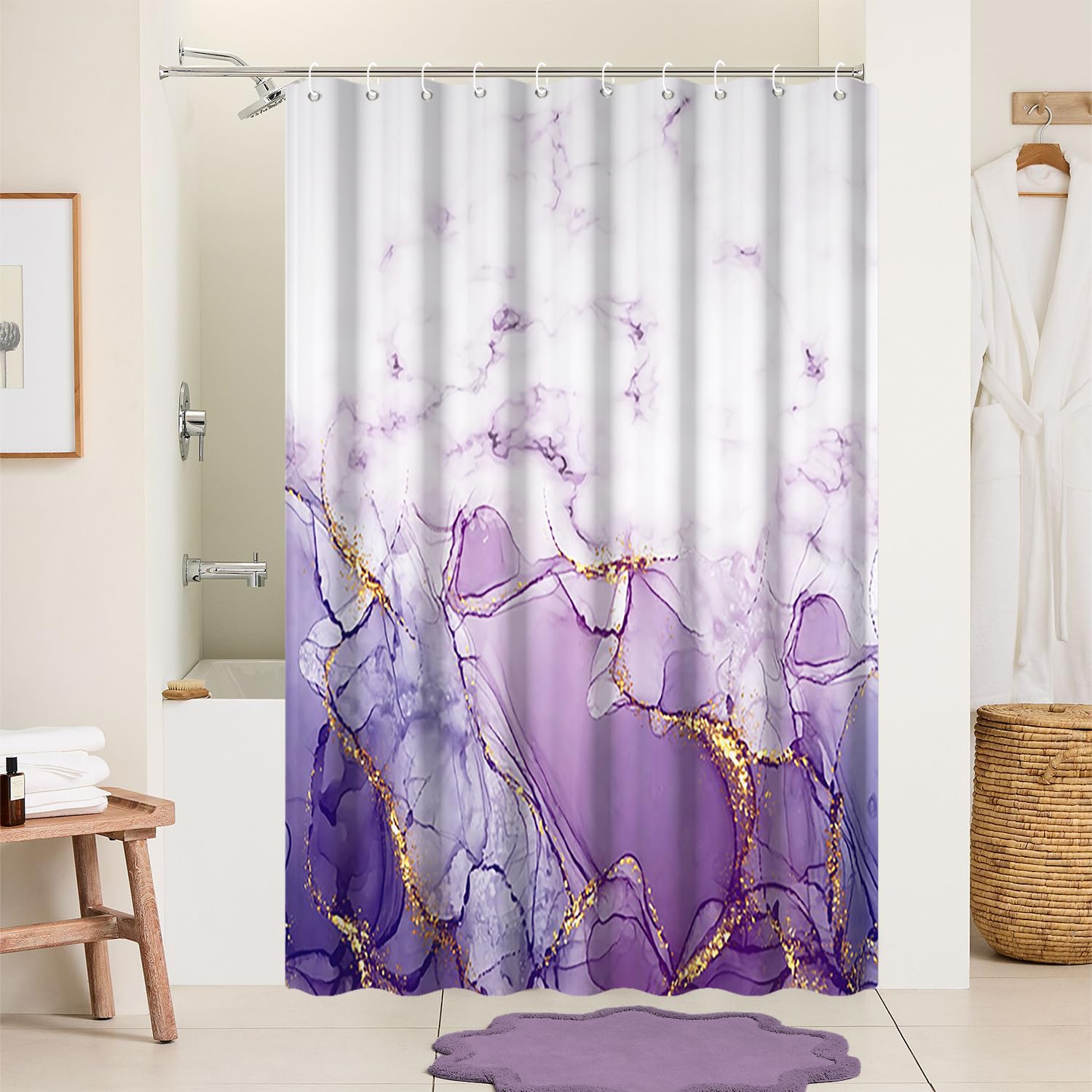 Uiiooazy Marble Bathroom Shower Curtain Purple Gold Fabric Shower Curtains With Hooks Watercolor Abstract Shower Curtain Liner 6