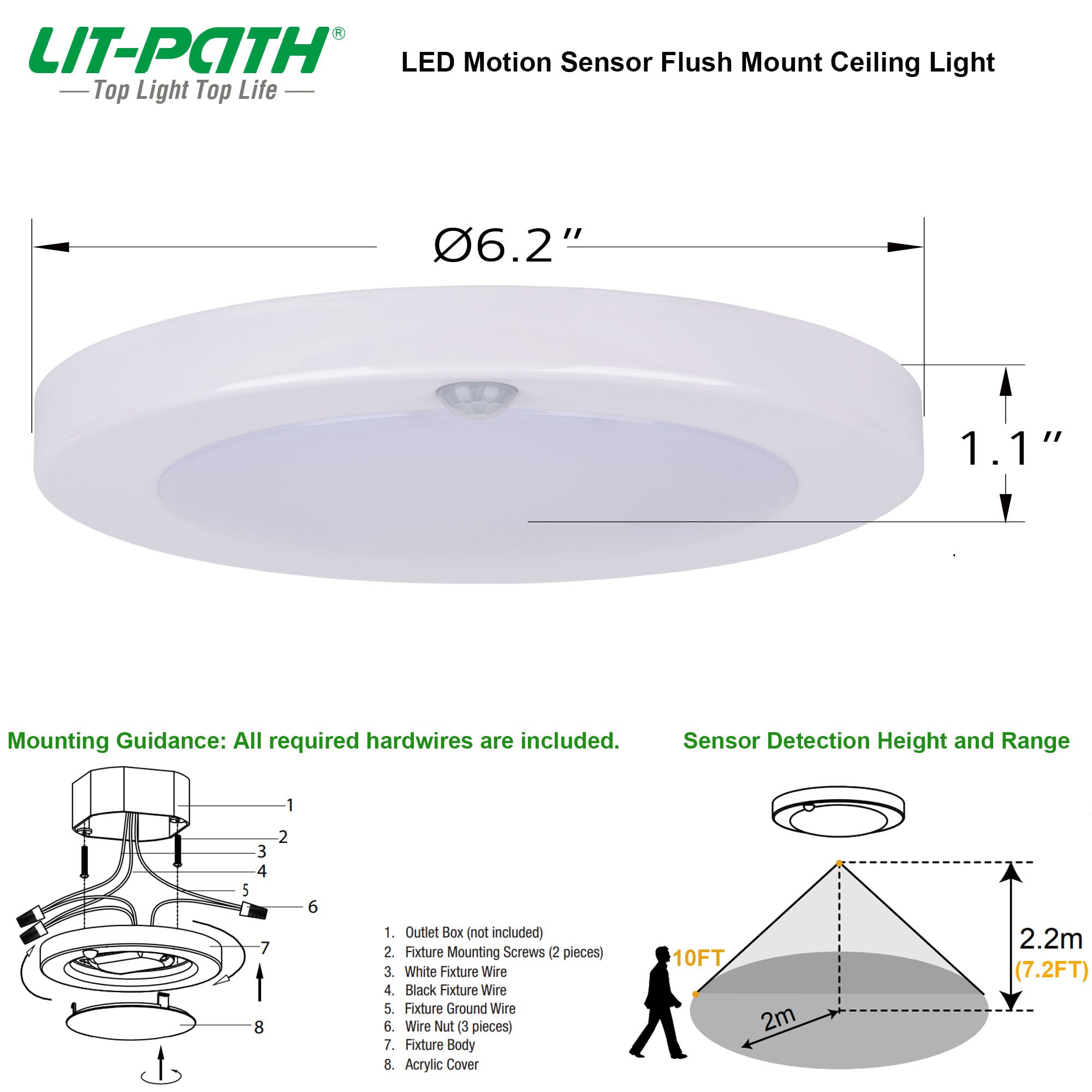 Lit-Path Led Motion Sensor Flush Mount Ceiling Lighting Fixture, Closet Light With Motion Sensor, 105W, 800 Lumen, 62 Inch, Anti