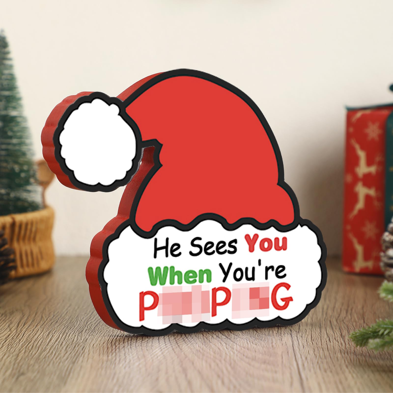 Leinuosen Christmas Bathroom Decorations, Funny Christmas Santa Hat Bathroom Wooden Sign Decor with Hook for Lavatory Xmas Hat O