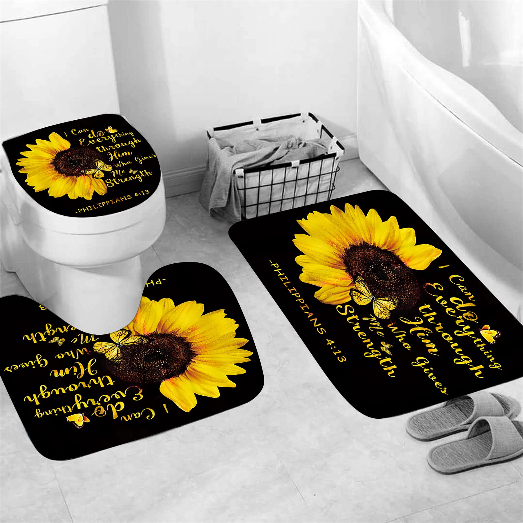 Azhm 4Pcs Sunflower Shower Curtain Set Quotes Flower Bathroom Decor Sets With Rugs Bathroom Accessories Set Bathroom Curtain Sho