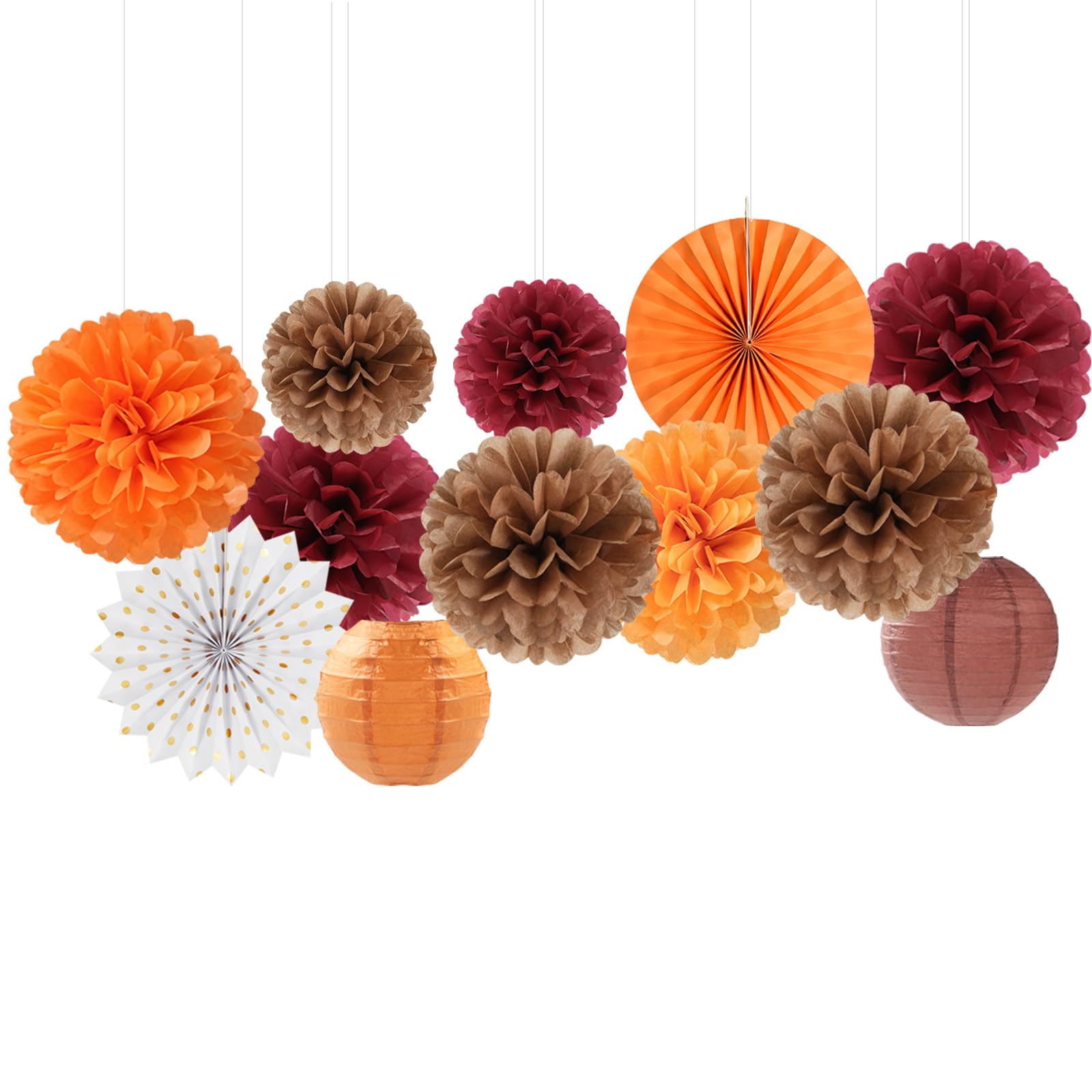 Burgundy Brown-Orange Baby-Shower Boho Party-Decorations - 20Pcs Fall Autumn Paper Lanterns Fans,Tissue Pom Poms,Honeycomb Balls