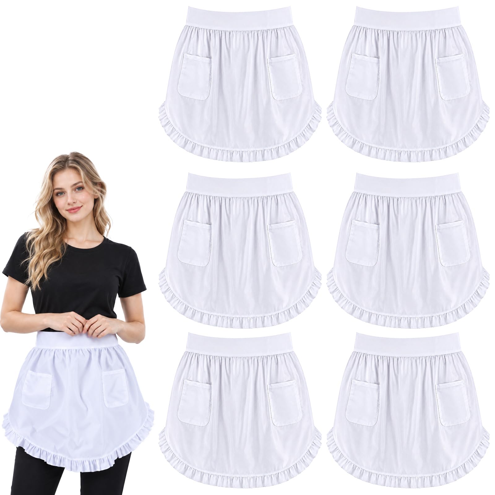 Caeuiciw 6 Pcs Half White Maid Apron With Pockets, White Waist Apron