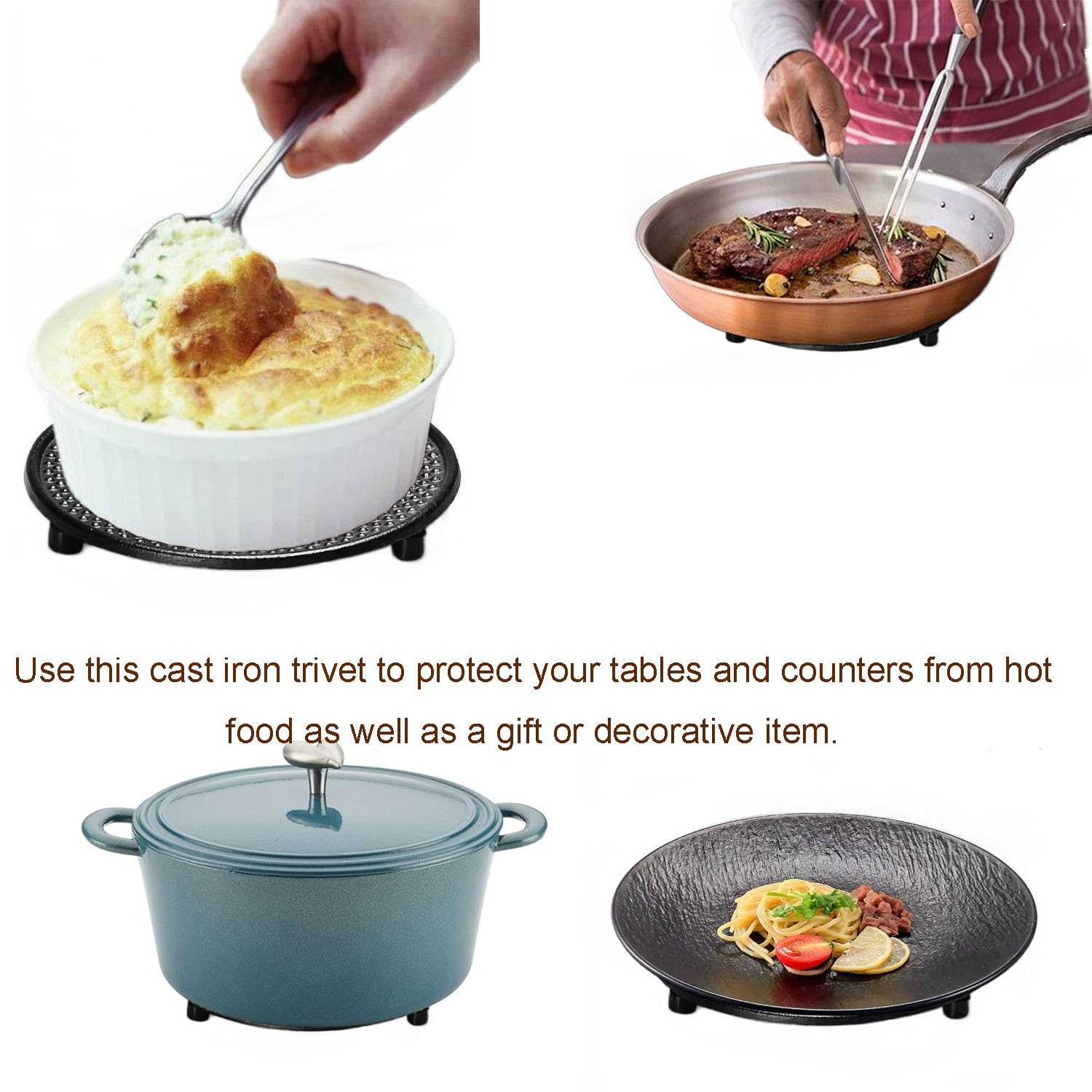Beminh Trivet Cast Iron Decorative Trivet Mat Coaster With Rubber Pegs- Heavy Duty Hot Pot Holder Pads, Non-Slip Insulation With