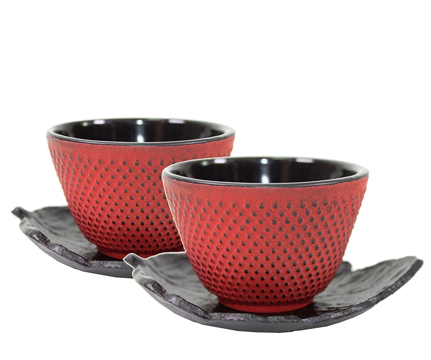 2 Sado Black Leaf Teacup Saucer+2 Red Polka Dot Hobnail Japanese Cast Iron Tea Cup Teacup