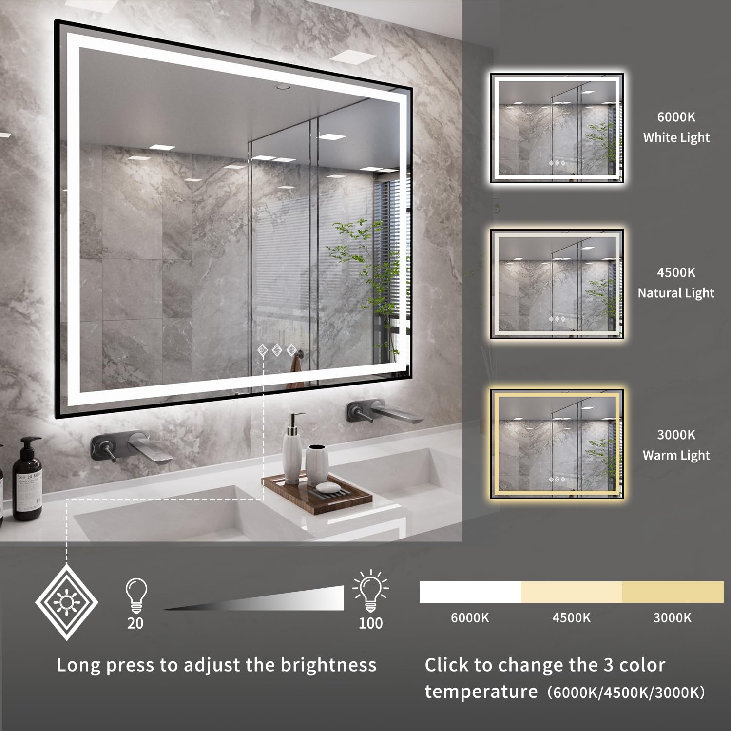 Vanpokins Bathroom Mirror Frame, 48X40 Inch Black Framed Gradient Front And Backlit Led Bathroom Mirror, 3 Colors Dimmable Cri>9