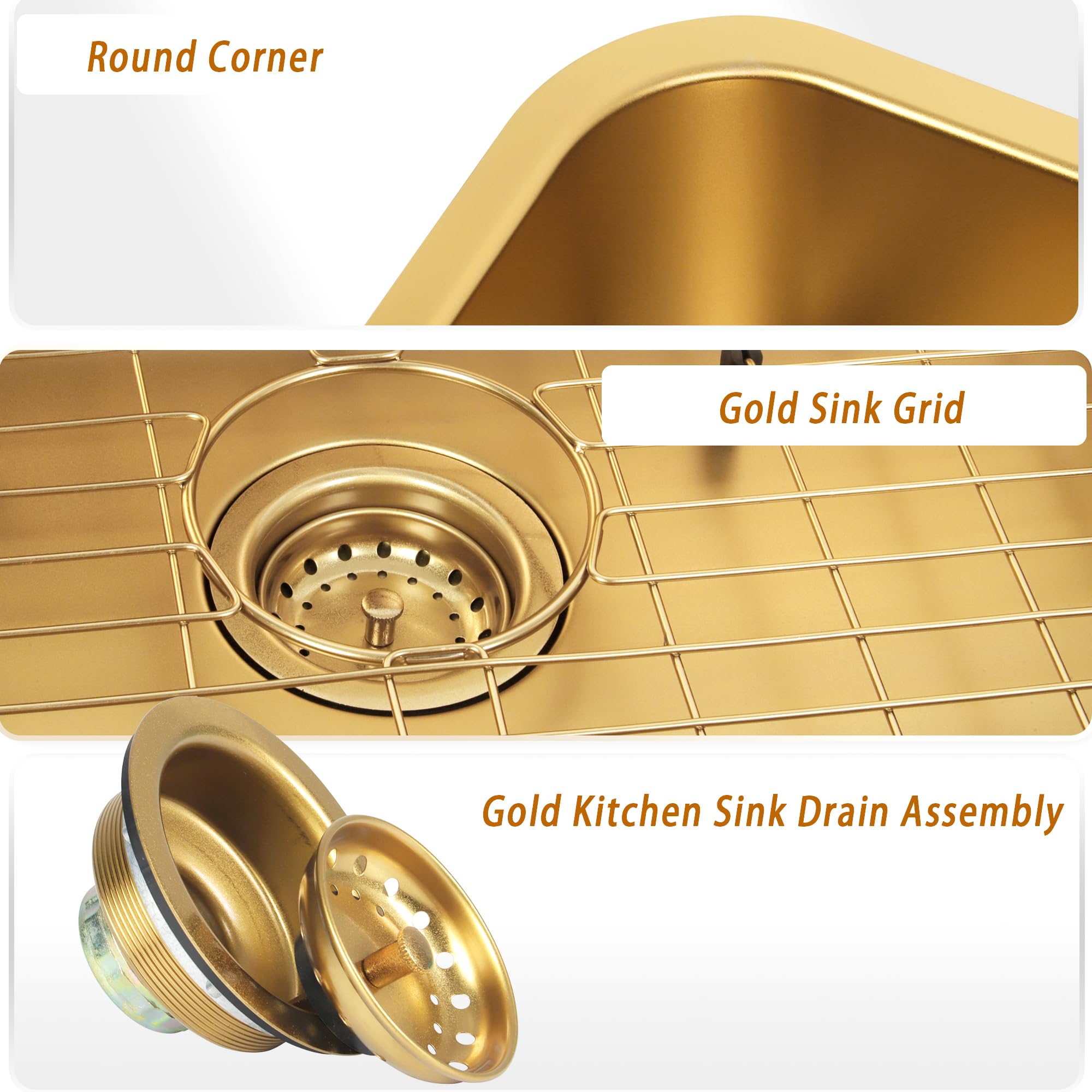 Monsinta Undermount Kitchen Sink, Stainless Steel Kitchen Sink 3018, Deep Sink, Gold Kitchen Sink, Single Bowl Kitchen Sink With