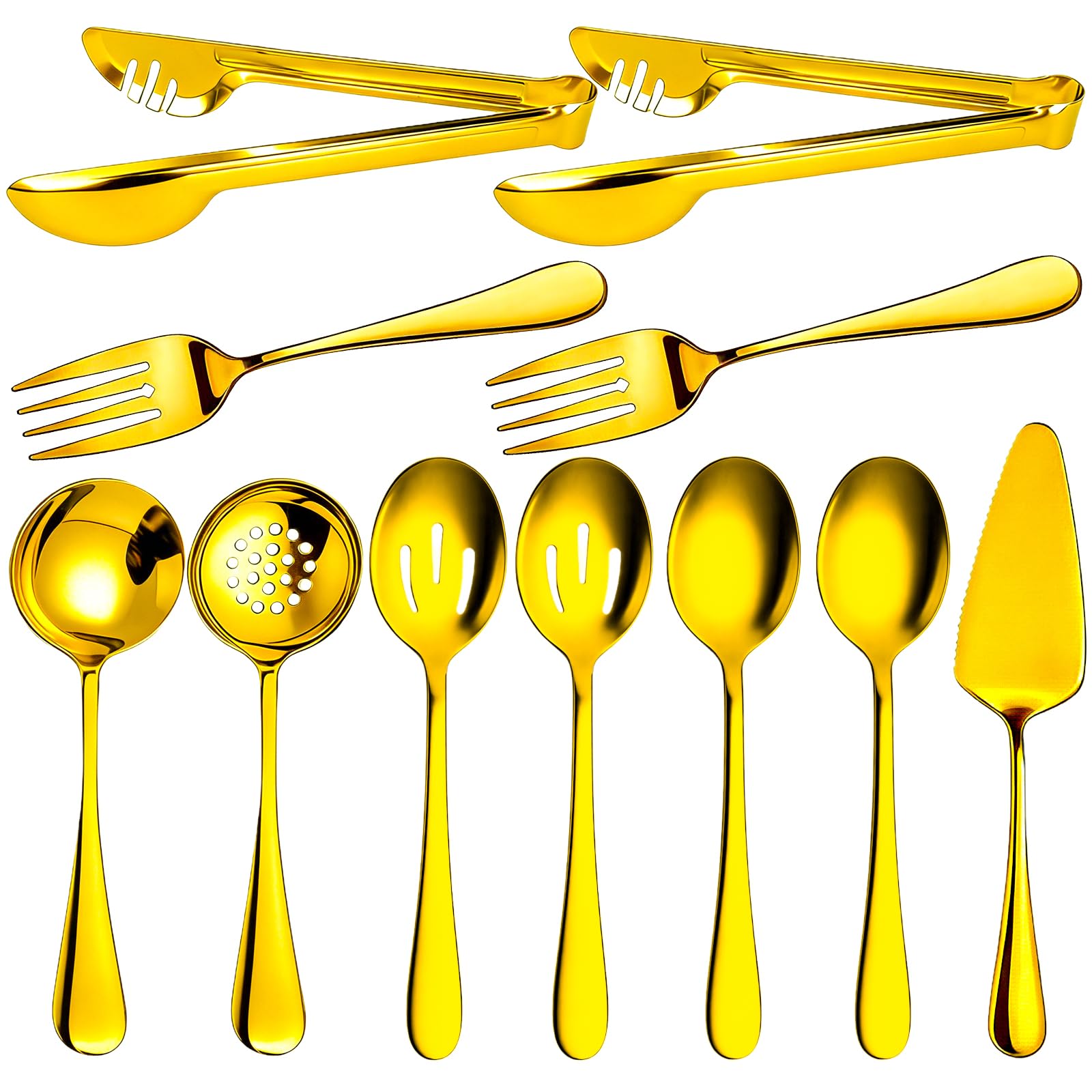 11 PCS Serving Utensils Stainless Steel Large Serving Utensils Set Spoons, Slotted Spoons, Forks, Tongs, Soup Ladle and Cake Ser