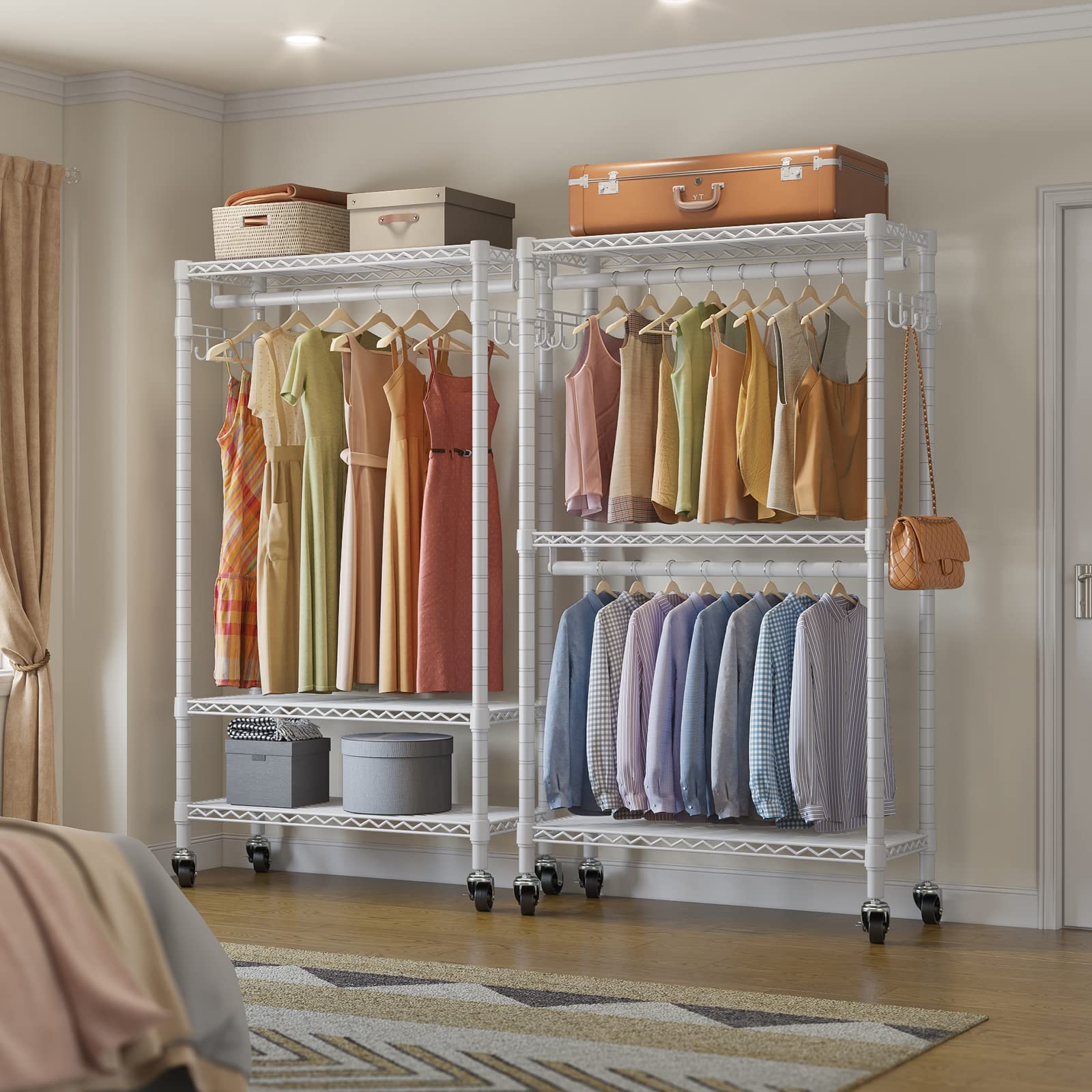 Vipek V12 Mini Heavy Duty Clothes Rack Rolling Clothing Rack Adjustable Metal Wire Shelving Portable Closets With Double Hanging