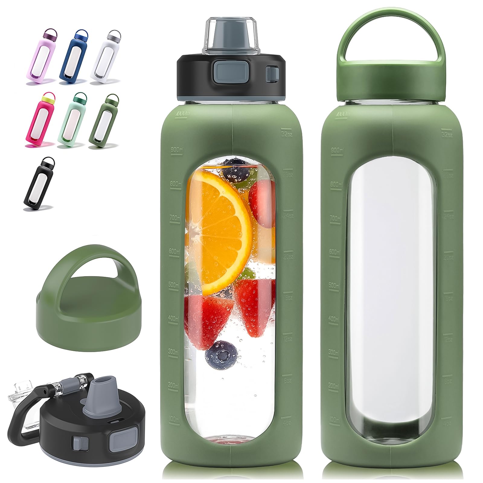 Kodrine Glass Water Bottle 32 oz with Straw and 2 Lids, Olive
