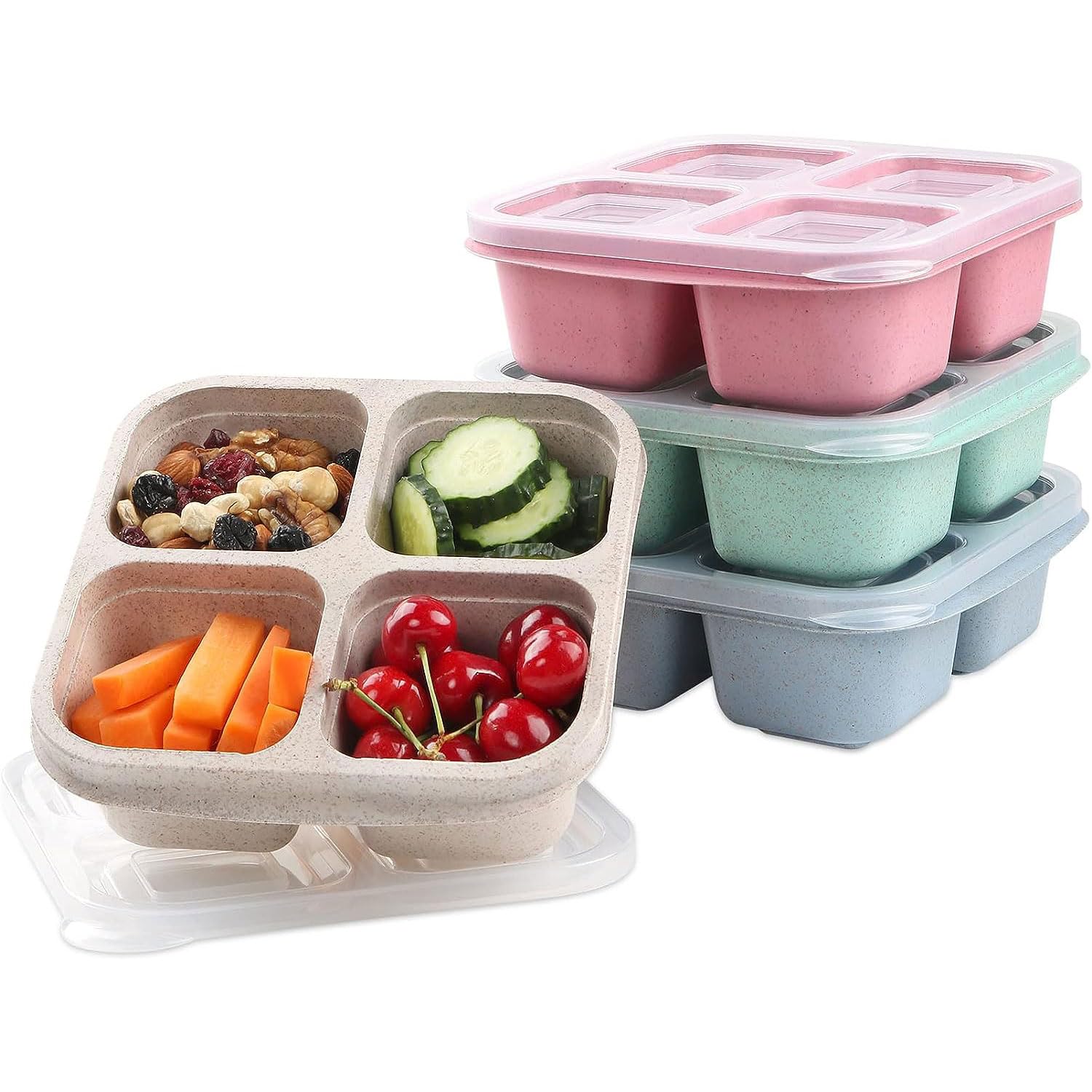 Ozazuco 4 Pack Snack Containers, Divided Bento Snack Box, 4 Compartments Reusable Meal Prep Lunch Containers For Kids Adults, Fo