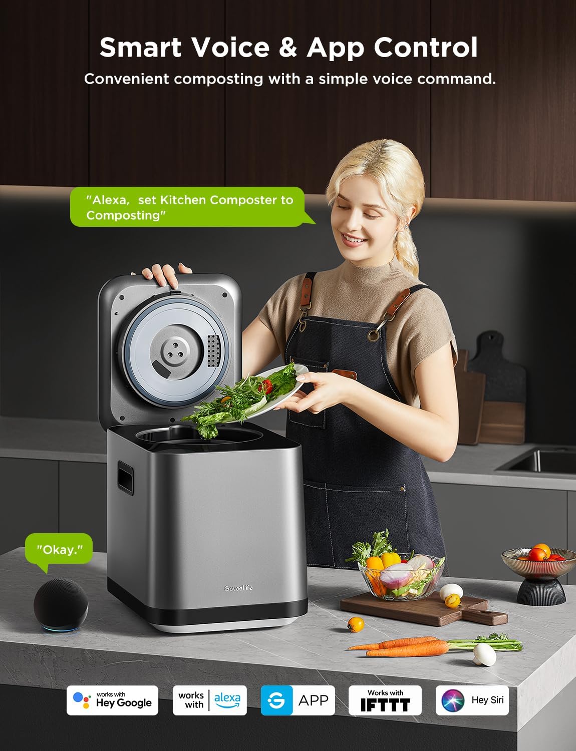 GoveeLife Smart Electric Composter, 3L Indoor Bin, Stainless Steel, Black, Model H7184, App & Voice Control, Auto-Cleaning