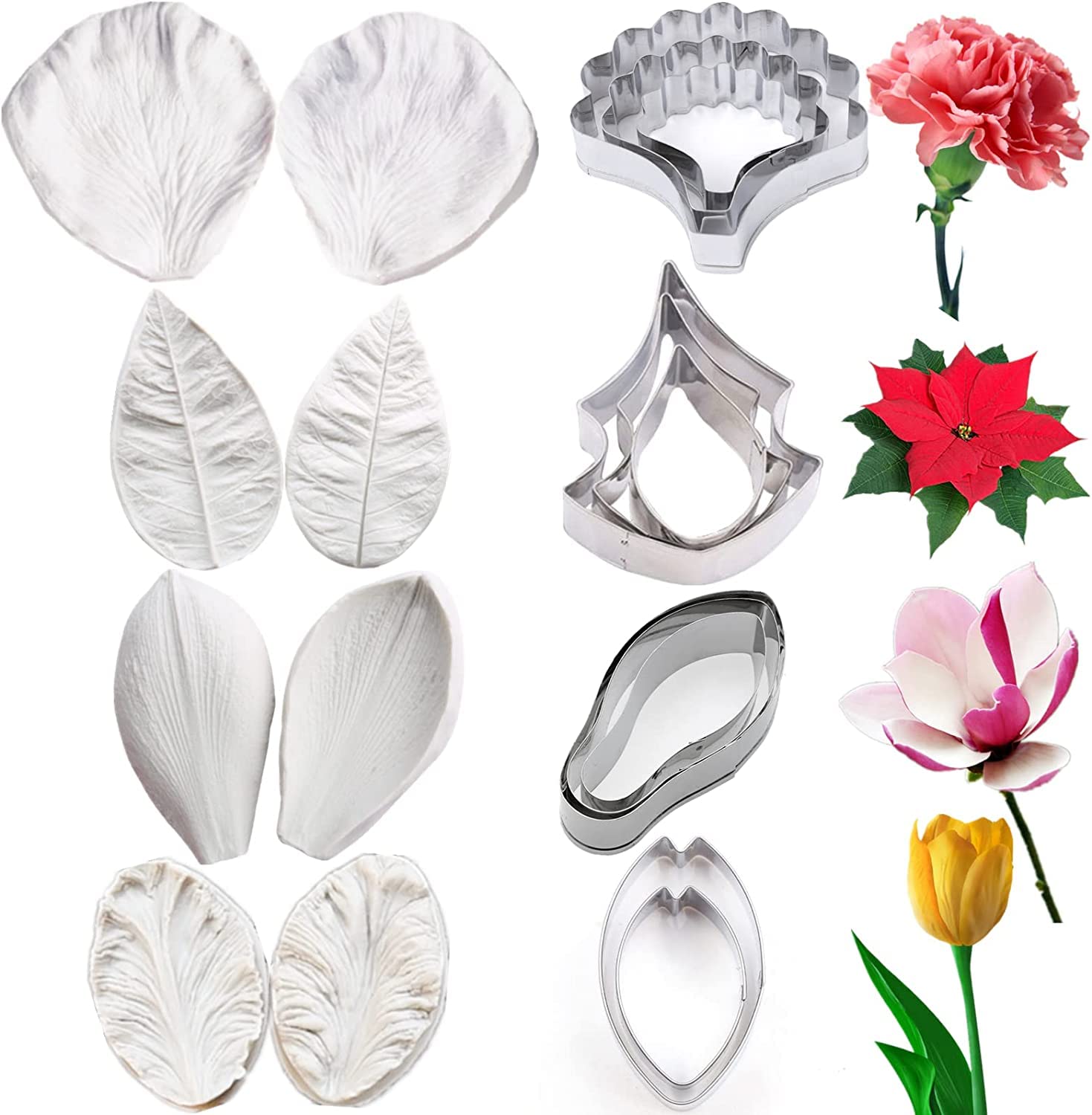 8Set Gum Paste Flower Molds And Cutters Fondant Flower Cutter Gumpaste Flower Silicone Molds Sugar Paste Flowers Making Tools Fo