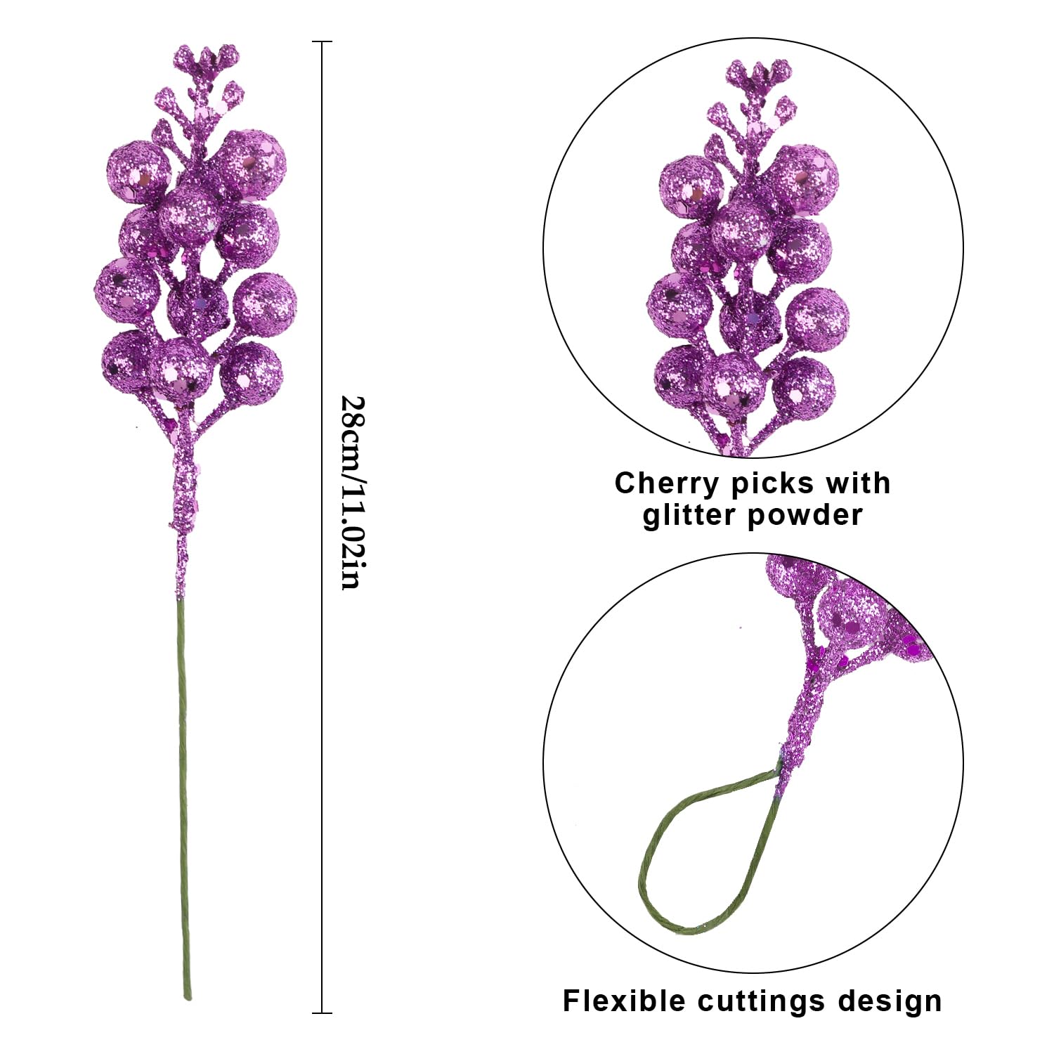 DIYASY Glitter Berry Stems,20Pcs Artificial Xmas Picks and Sprays Christmas Tree Filler Branches Ornaments Holiday Wreath Garlan