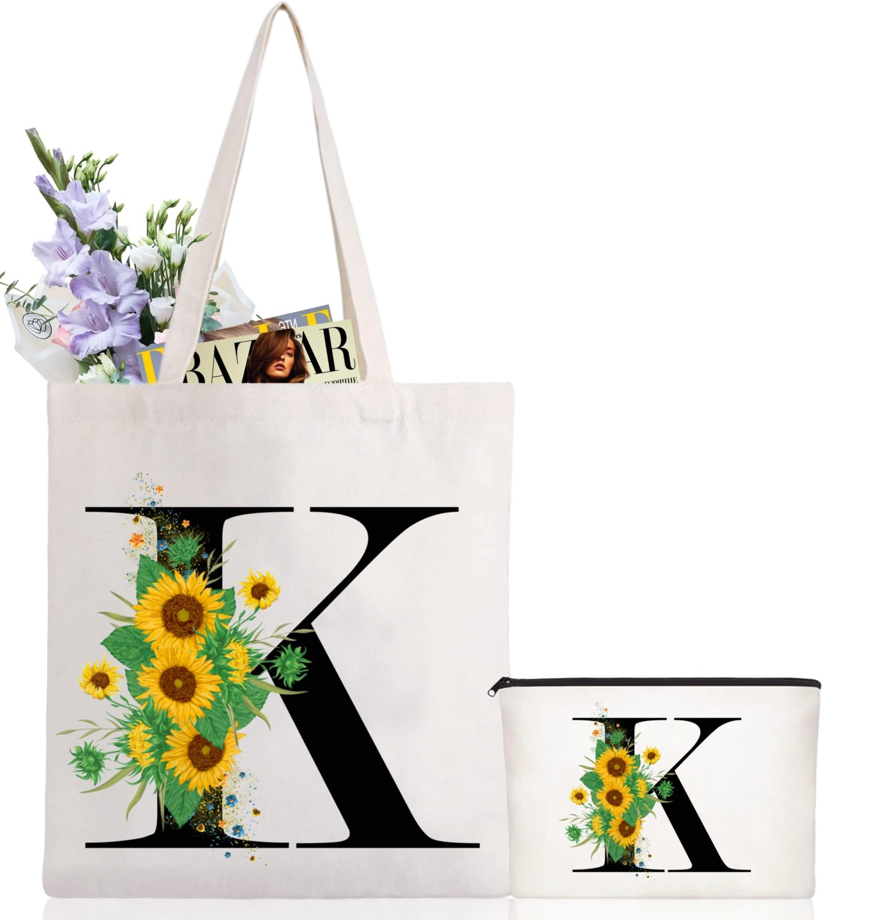Andeiltech Initial Canvas Tote Bag Sunflower Letter Personalized Makeup Bag Monogrammed Gift for Bridesmaids Birthday Wedding
