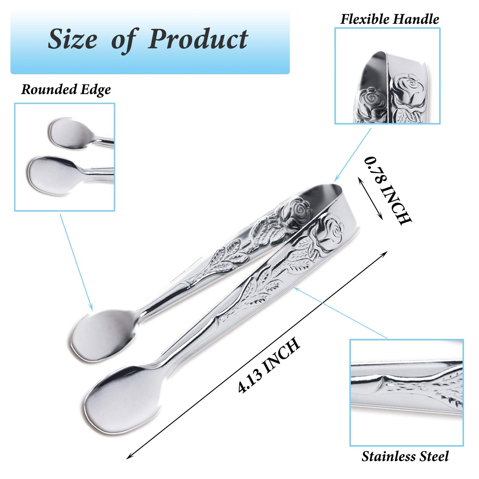 3Pcs Mini Serving Tongs, 4Inch Rose Stainless Steel Sugar Cube Tongs, Sliver Small Ice Tongs For Tea And Coffee Party, Appetizer