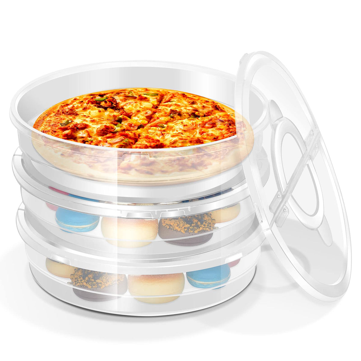 3 Pcs 12 Inch Food Storage Container With Lid And Handle, 2 Compartments Pie Carrier Round Pizza Holder Reusable Pizza Keeper Fo