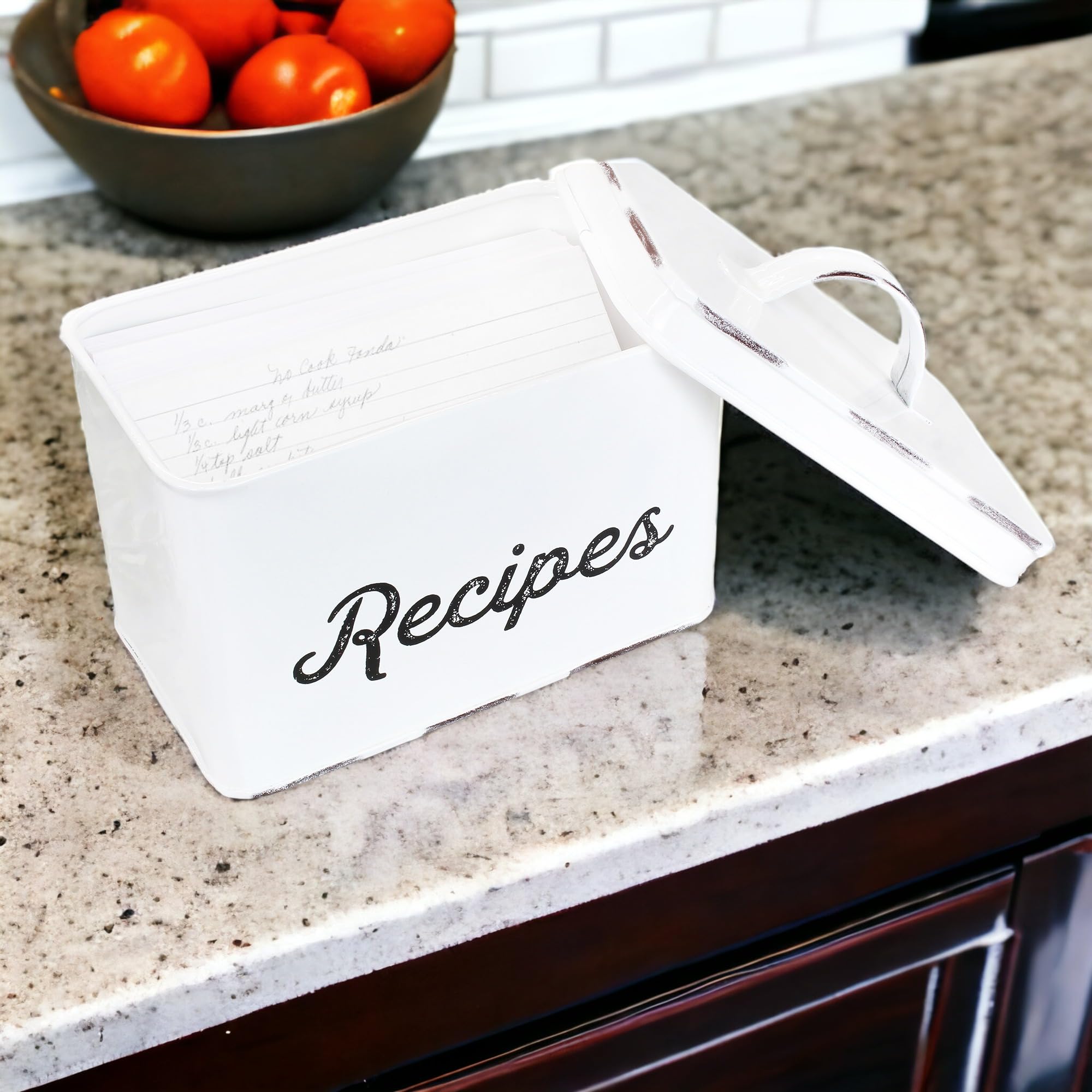 Auldhome Rustic White Recipe Box; Enamel Farmhouse Recipe Holder And Organizer For 4 X 6 Inch Recipe Cards