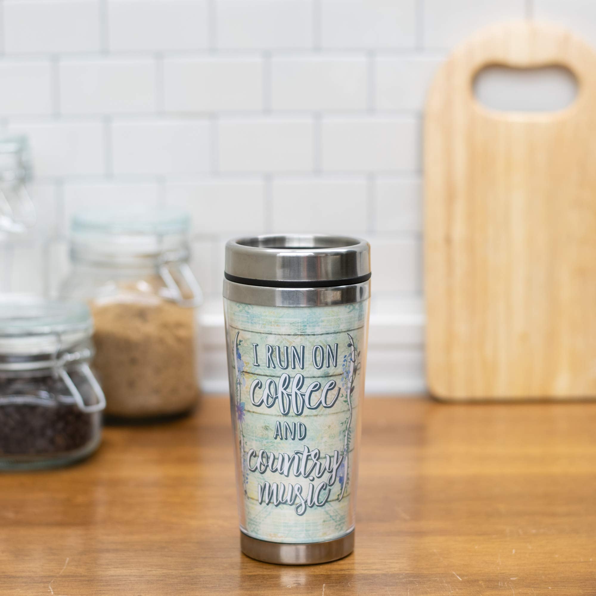 Coffee And Country Music Blue 16 Ounce Stainless Steel Travel Tumbler Mug With Lid