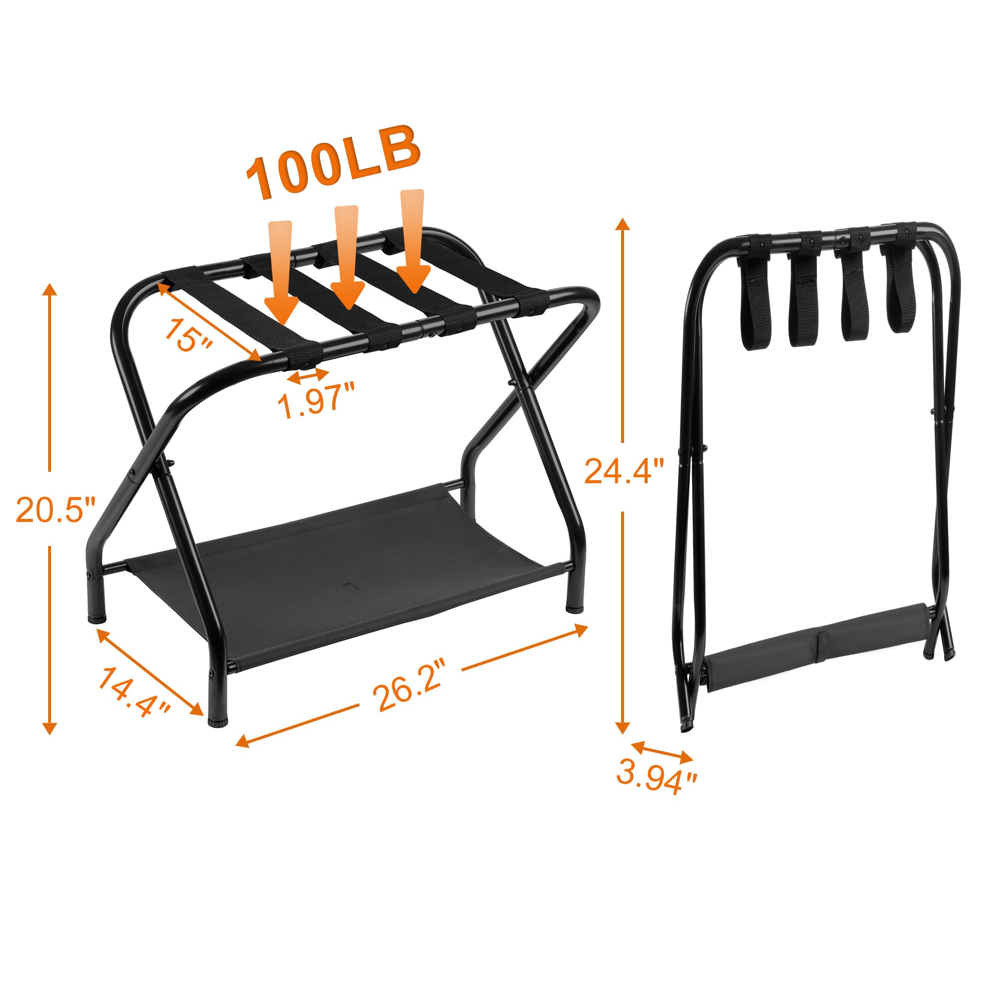 Heybly Luggage Rack,Pack Of 2,Steel Folding Suitcase Stand With Storage Shelf For Bedroom, Hotel, Foldable Steel Frame, Guest Ro