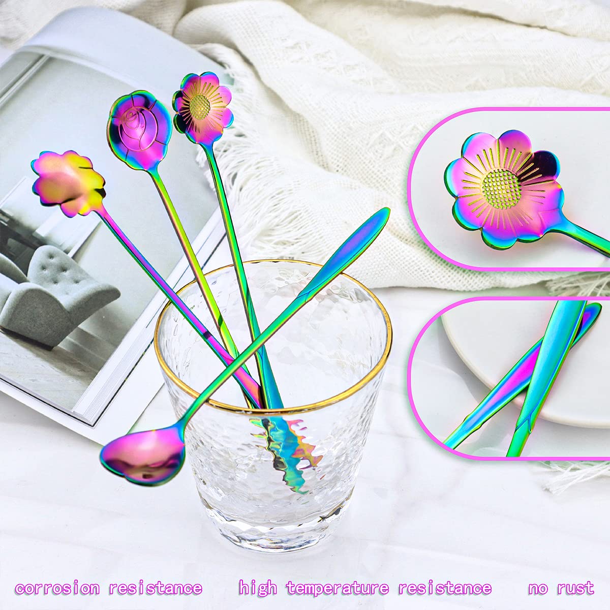 Flower Spoon Set Of 4 Pcs, Leefone 7'' Flower Pattern Long Handle Spoon Stainless Steel Reusable Tea Scoops Stirring Spoon Ice C