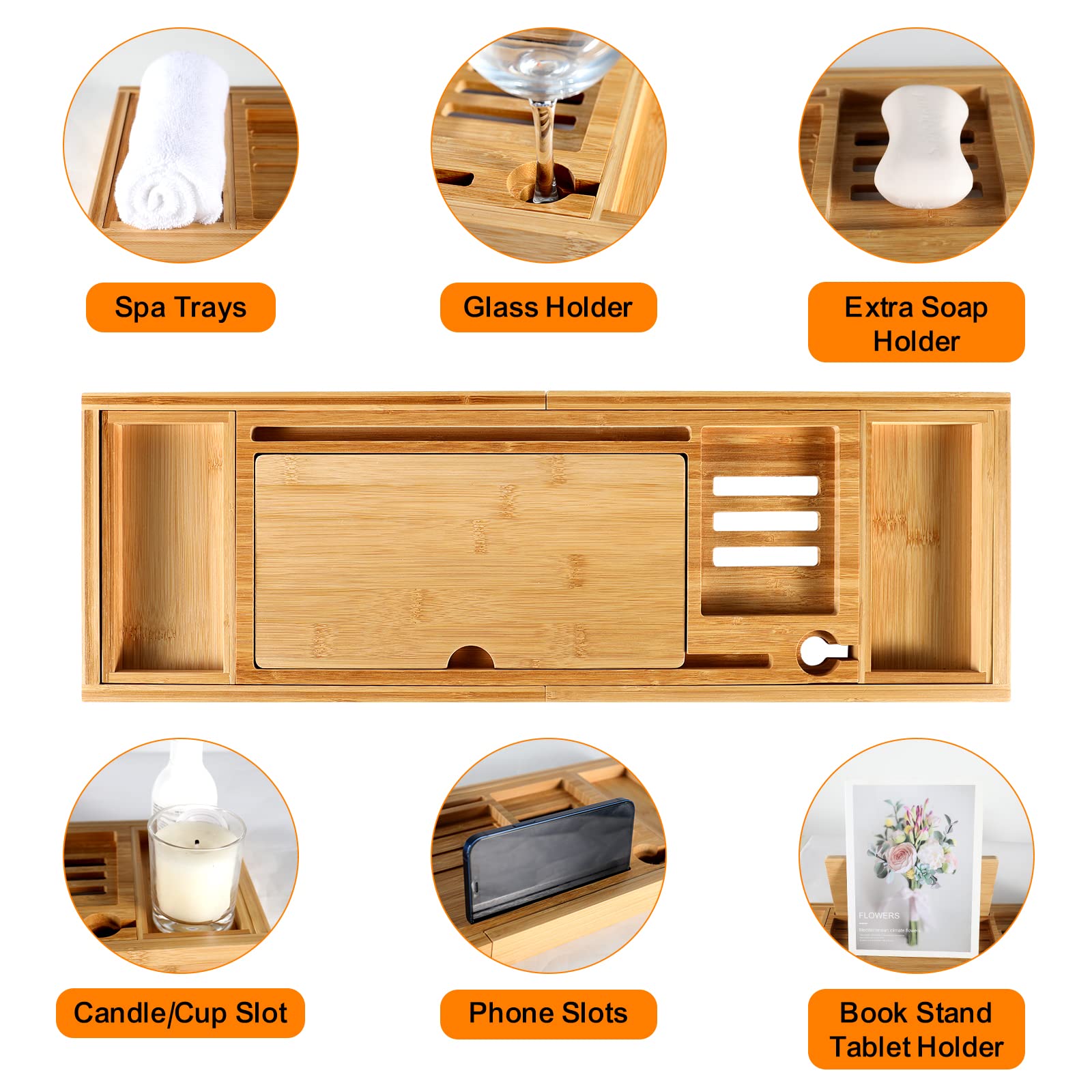 Premium Bathtub Caddy Tray For Tub, Bamboo Bath Tray For Tub With Extending Sides, Adjustable Bath Tub Tray Wood For Luxury Bath