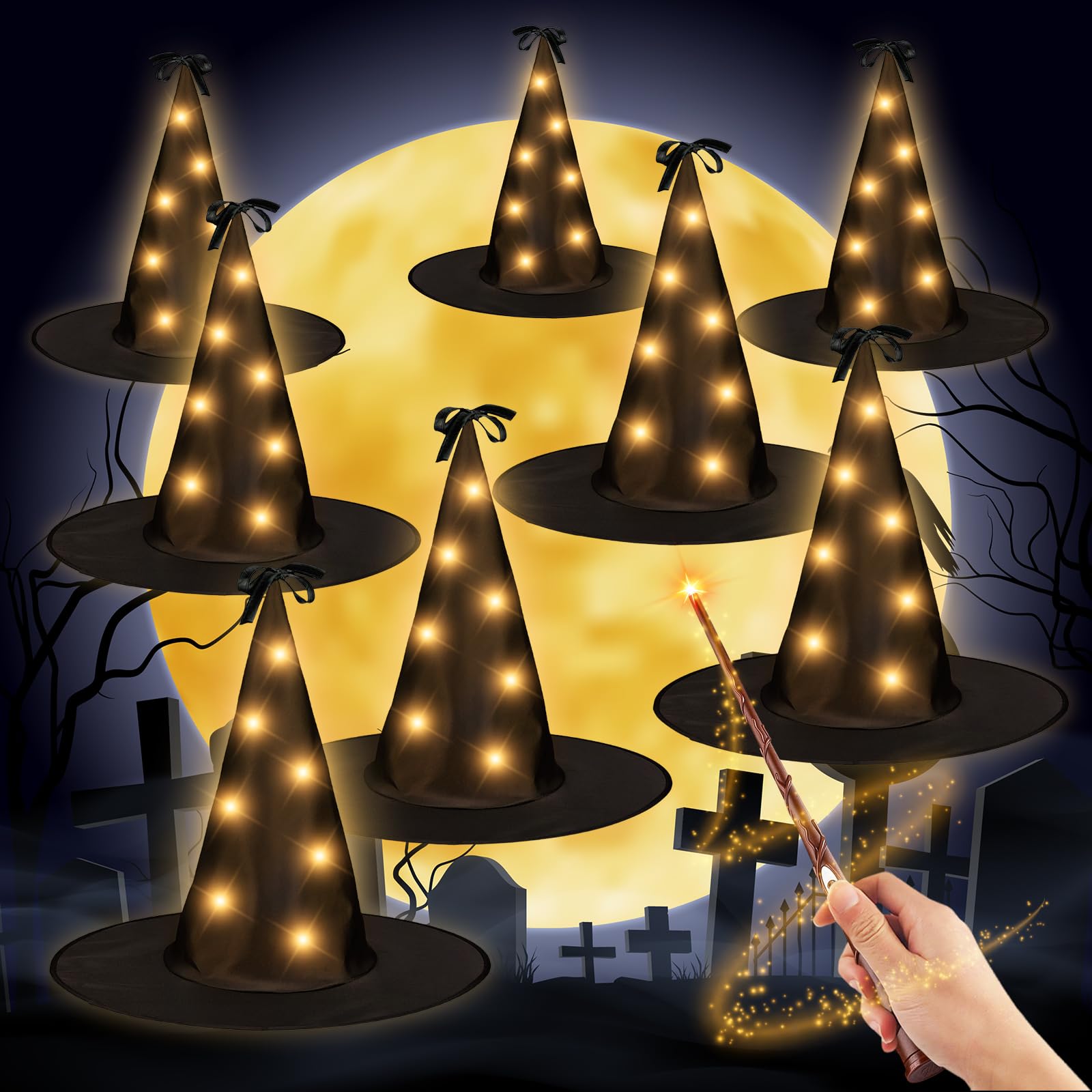 FlyQintess 8Pcs Hanging Witch Hats String Light, Floating Witch Hat with 8 Light Modes with Wand Control, Floating Light Up Blac