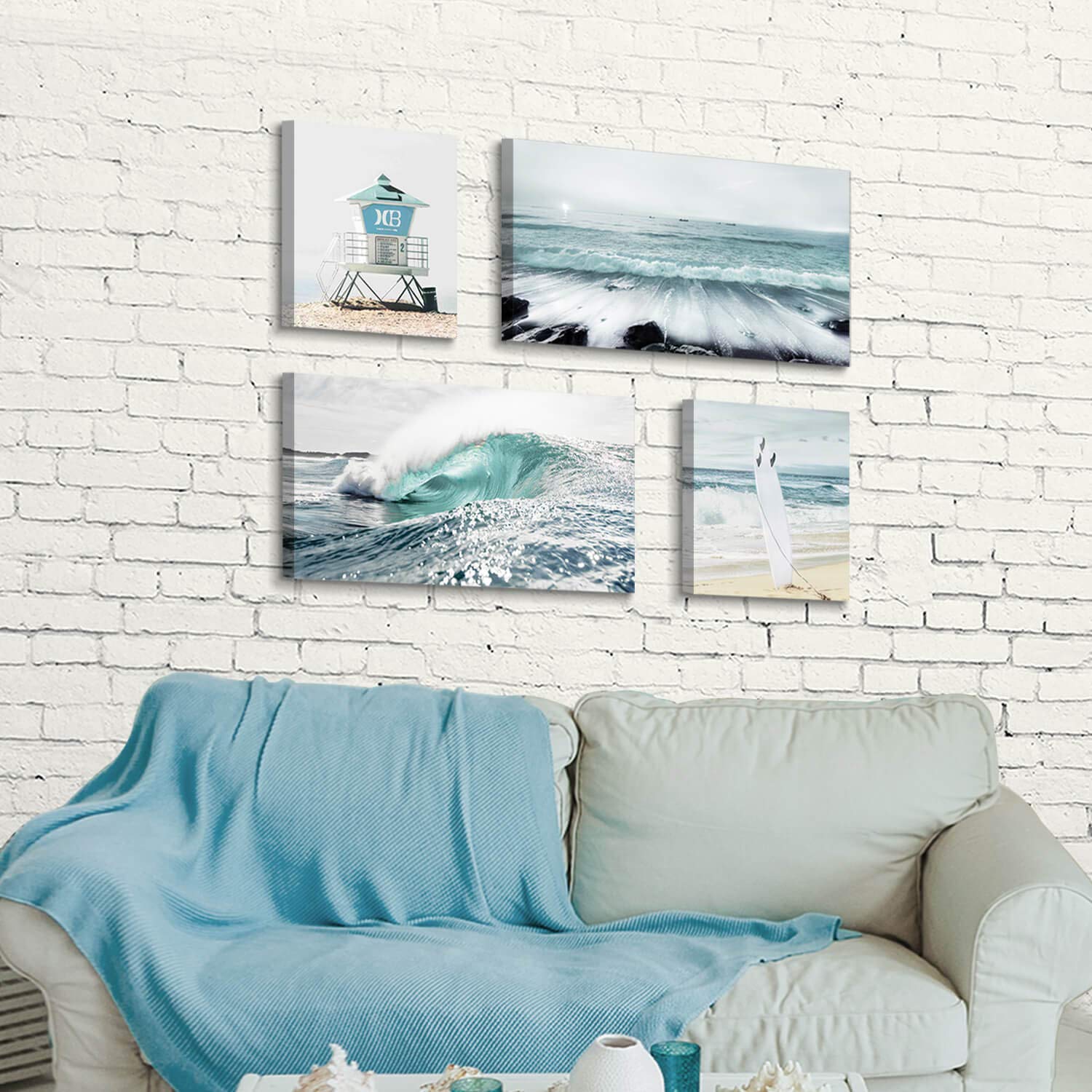 Artistic Path Beach Canvas Wall Art Print: Shoreline Guard & Surfboard Picture Graphic Art Painting For Wall Decor (Overall 36''
