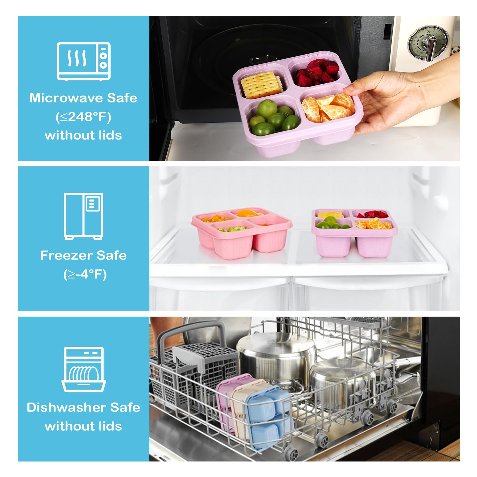 6 Pack Snack Containers, 4 Compartment Divided Snack Container For Kids, Bento Snack Box For Adults, Reusable Meal Prep Lunch Co