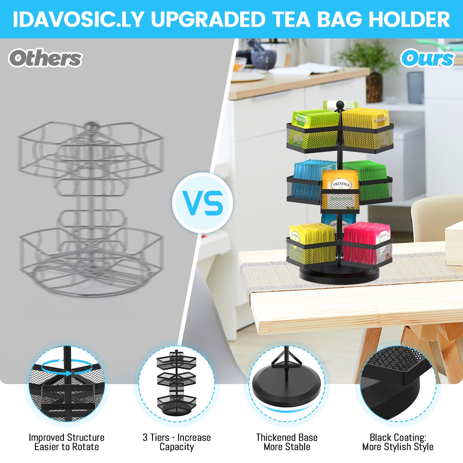 Idavosic.Ly 3 Tier Tea Bag Organizer, Tea Packet Storage Holder Spinning Carousel With 9 Compartments, Rotating Metal Tea Bag Ca