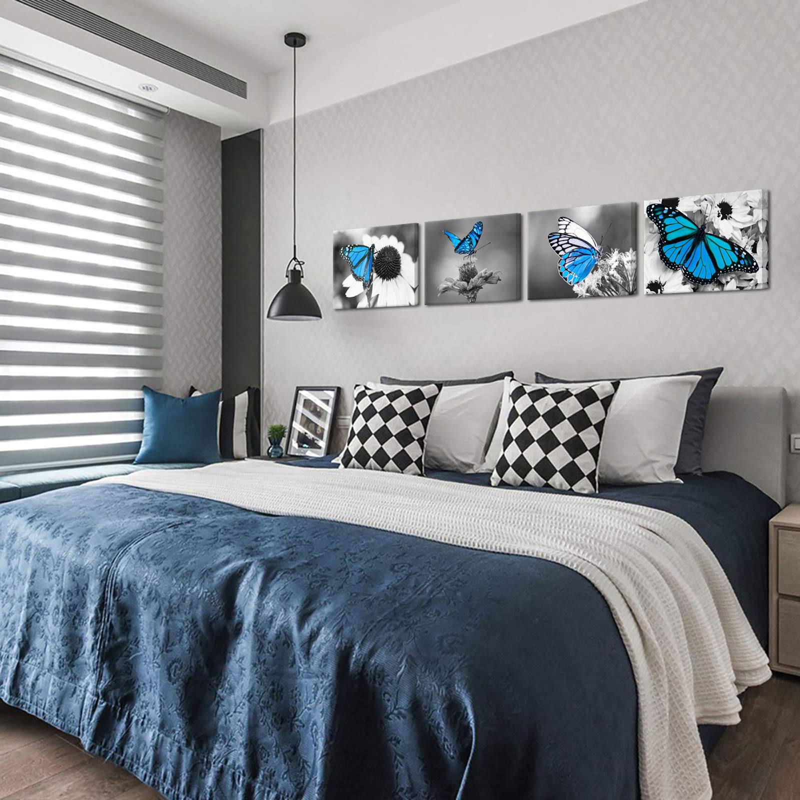 Biuteawal Flower Wall Art Blue Butterfly On Daisy Floral Picture Canvas Painting Black White Nature Landscape Artwork Home Kitch