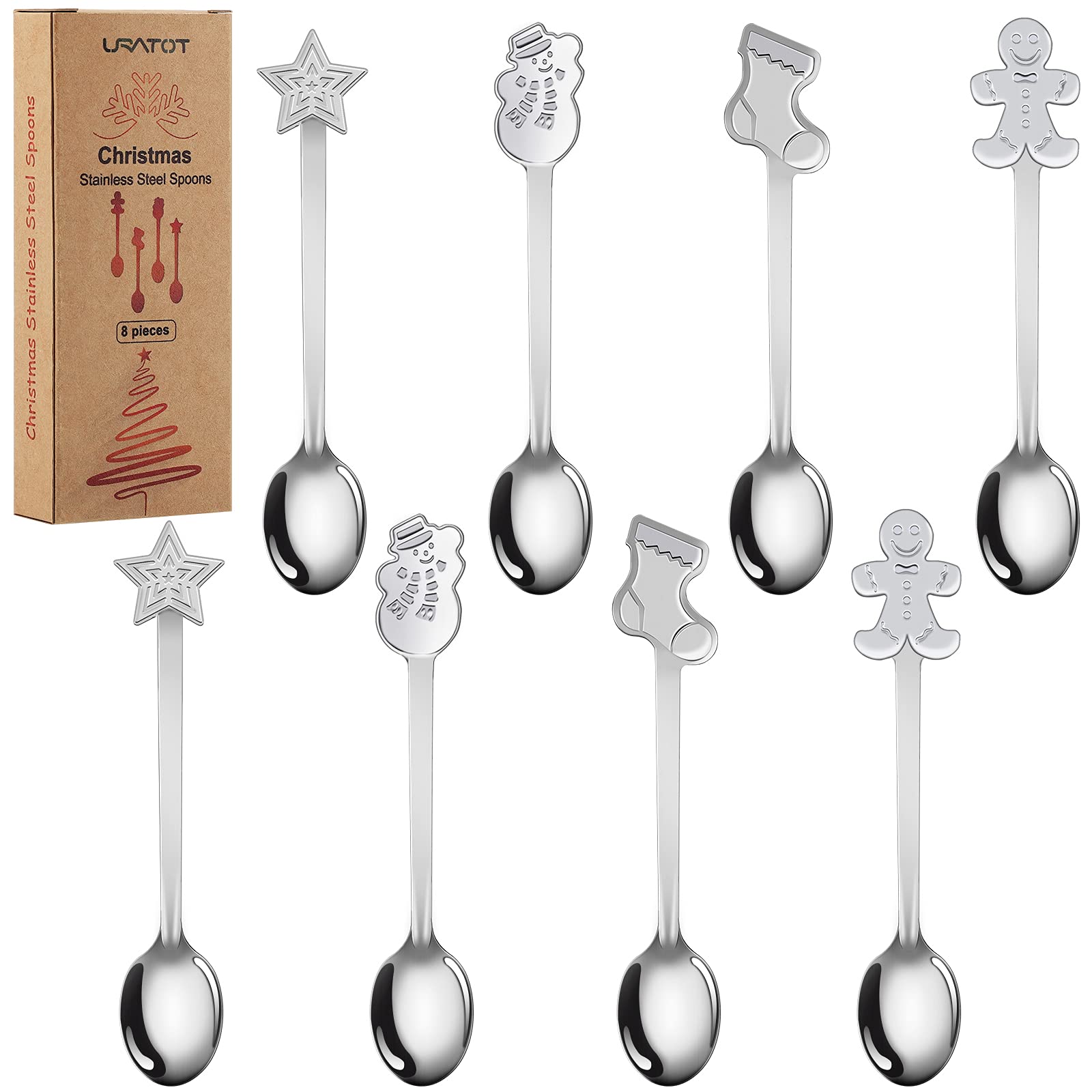 Uratot 8 Pieces Stainless Steel Christmas Spoons Coffee Tea Dessert Mixing Spoons Christmas Stocking Fillers