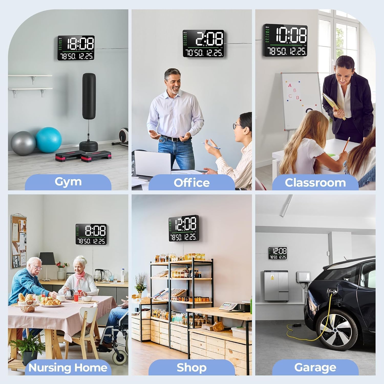 Aerys 16-Inch Digital Wall Clock, Large Led Display With Remote Control, Auto/Custom Dimmer, Temp & Humidity, Dual Alarms, For L