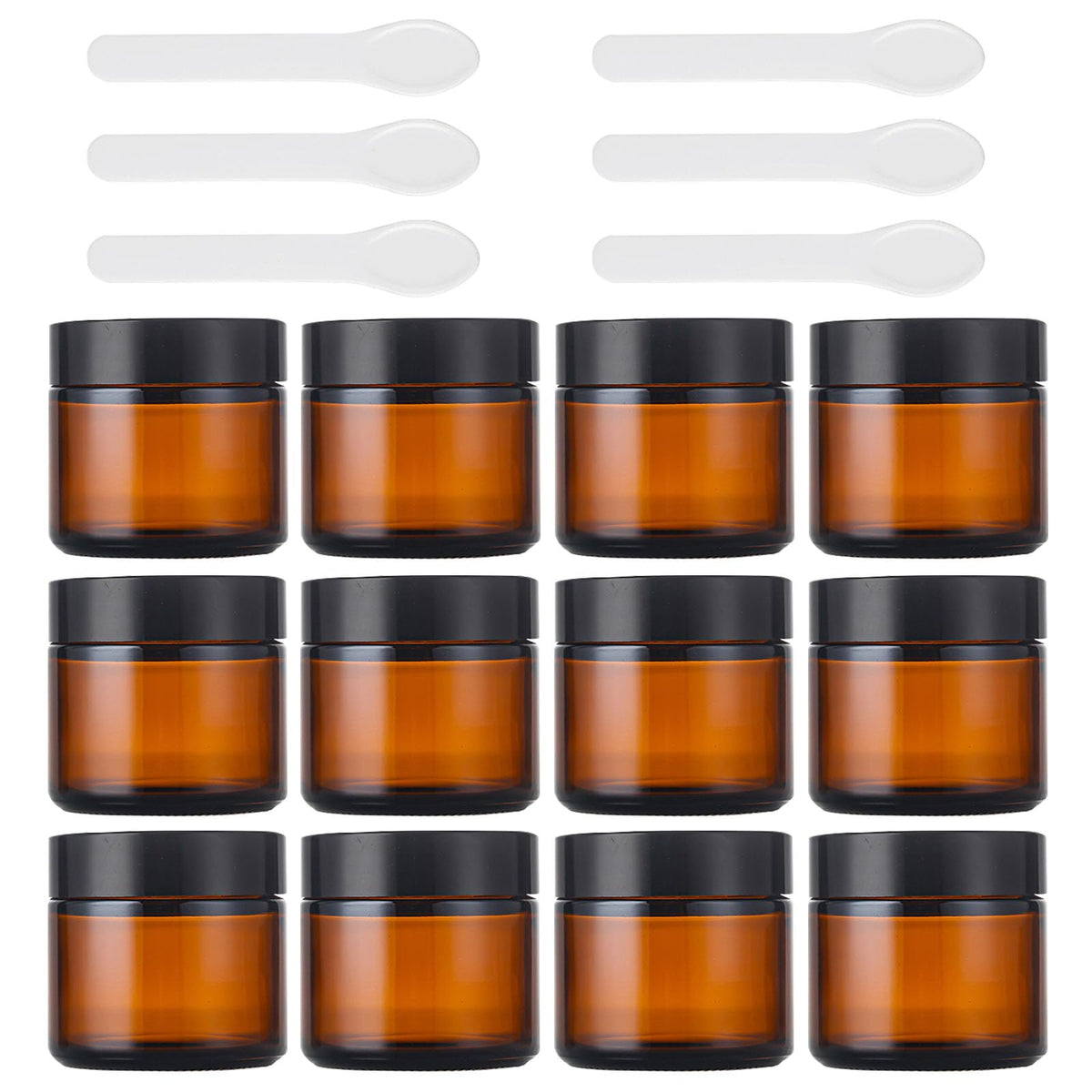 Lil Ray 2 Oz Glass Cream Jars With Black Lid, Empty Amber Glass Containers, Refillable Cosmetic Vials For Lotion, Ointment (12 P